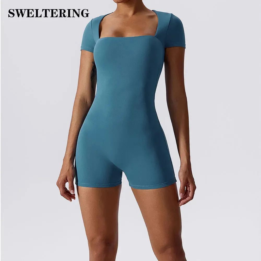 1 - WC - Women's Yoga Suit: Short sleeve, one-piece bodysuit for summer fitness and training