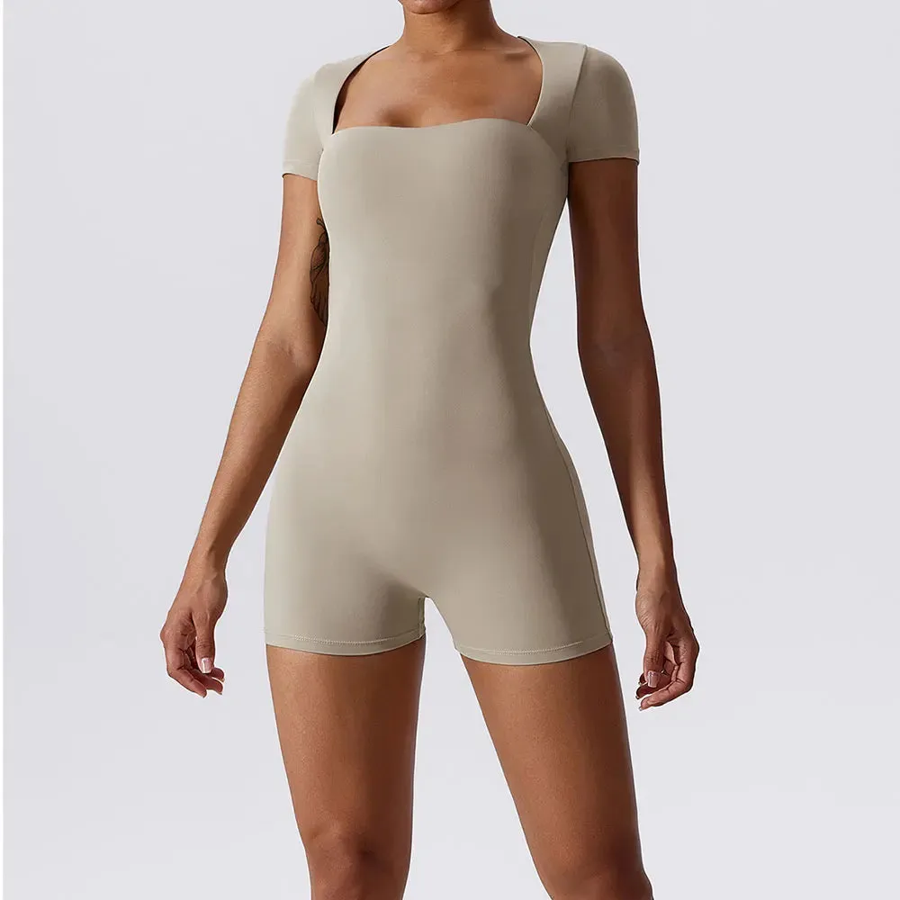 1 - WC - Women's Yoga Suit: Short sleeve, one-piece bodysuit for summer fitness and training