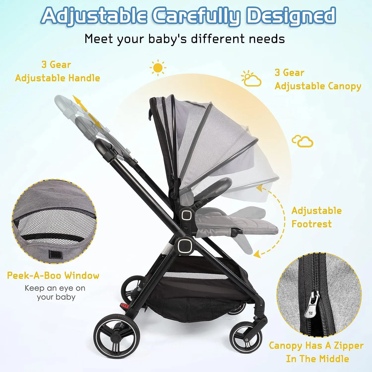 2 in 1 Convertible Baby Stroller Carriage Bassinet to Stroller Adjustable Footrest & Canopy, 5-Point Seat Belt, Lightweight Aluminum Frame, Gray