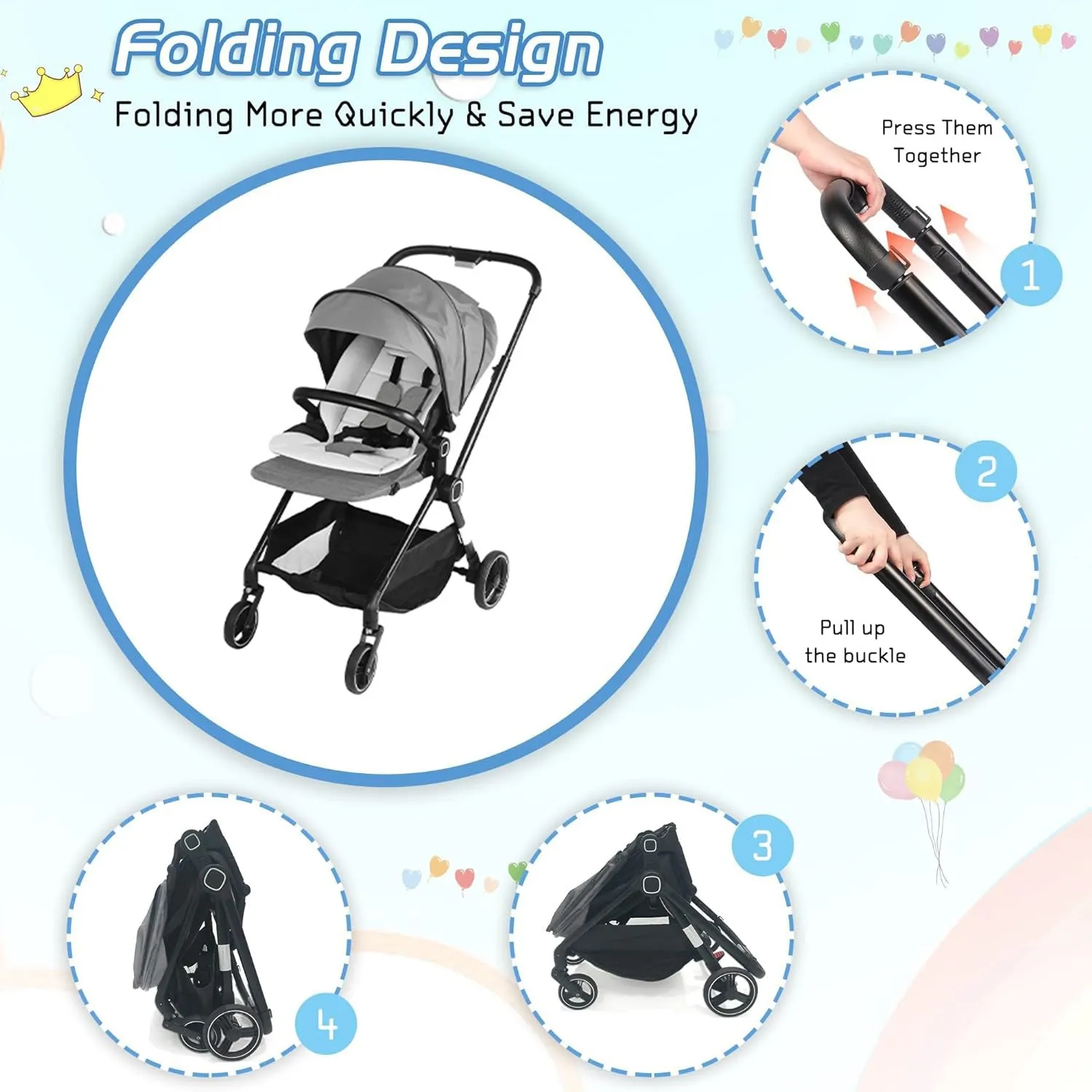 2 in 1 Convertible Baby Stroller Carriage Bassinet to Stroller Adjustable Footrest & Canopy, 5-Point Seat Belt, Lightweight Aluminum Frame, Gray