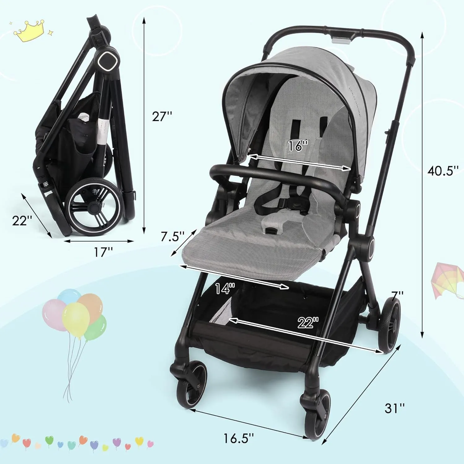 2 in 1 Convertible Baby Stroller Carriage Bassinet to Stroller Adjustable Footrest & Canopy, 5-Point Seat Belt, Lightweight Aluminum Frame, Gray