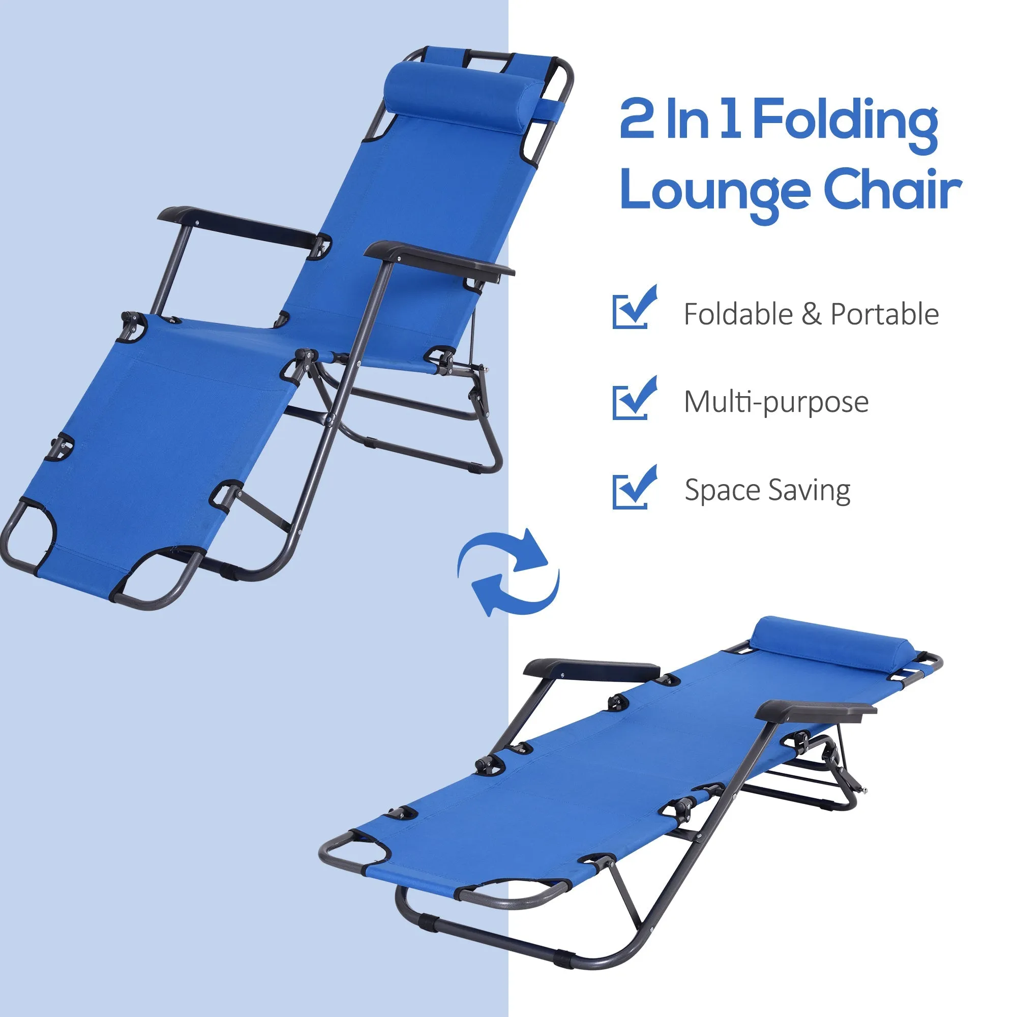 2 in 1 Sun Lounger Folding Reclining Chair Garden Outdoor Camping Adjustable Back with Pillow Blue