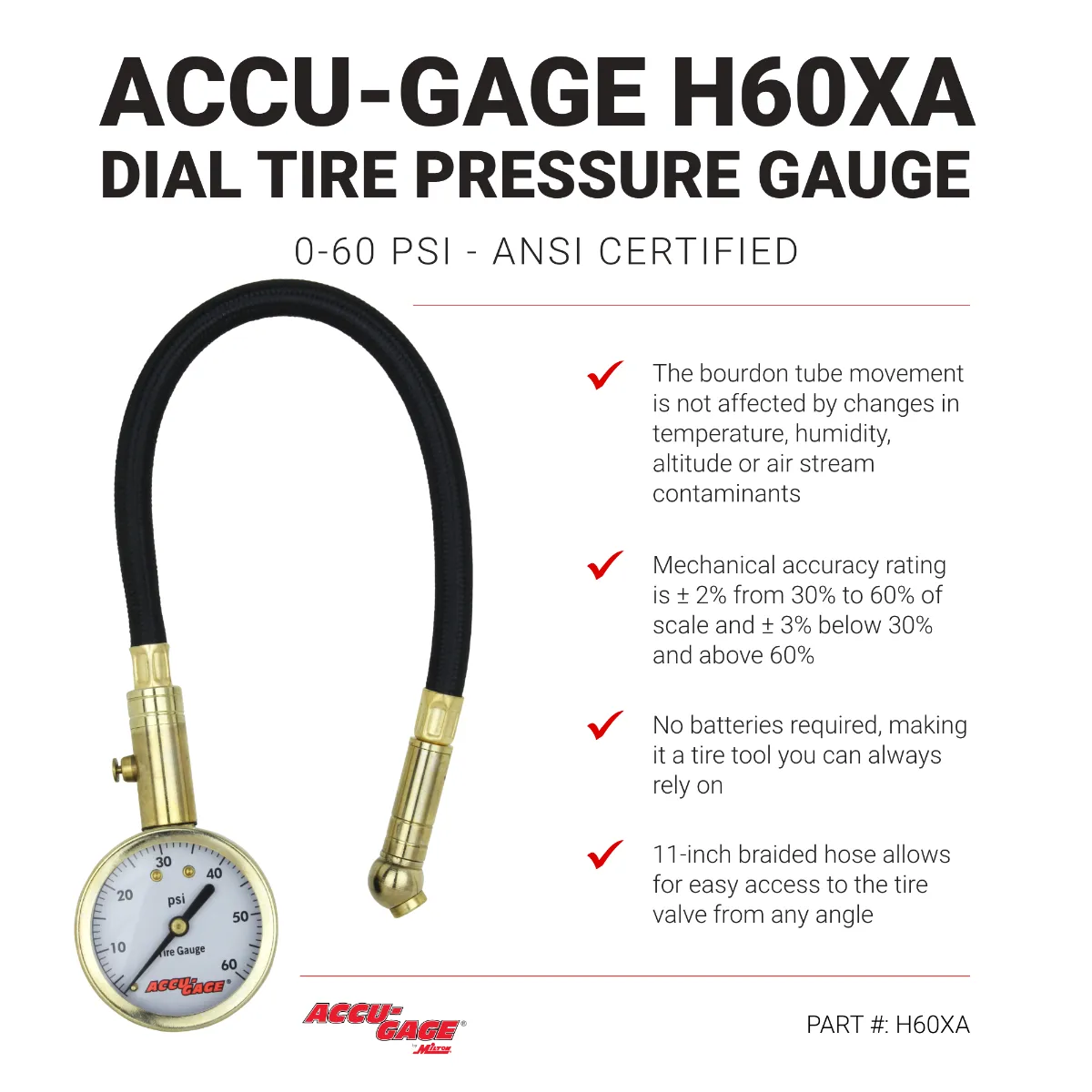 ACCU-GAGE® by Milton® Dial Tire Pressure Gauge with Swivel Angle Air Chuck and 11 in. Braided Hose - ANSI Certified for Motorcycle/Car/Truck Tires (0-60 PSI)