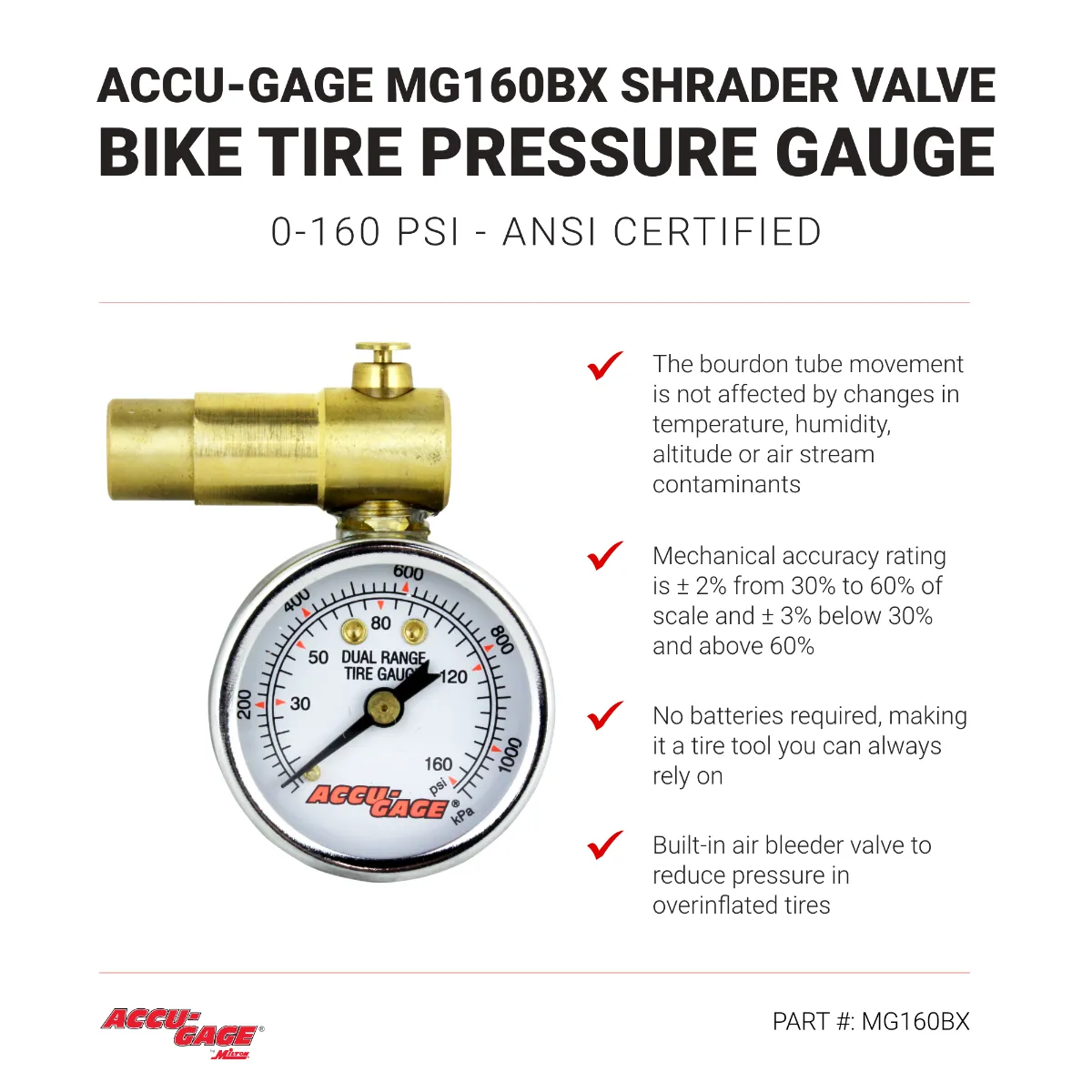 ACCU-GAGE® by Milton® Presta Valve Bike Tire Pressure Gauge with Bleeder Valve, for 0-30 PSI - ANSI Certified