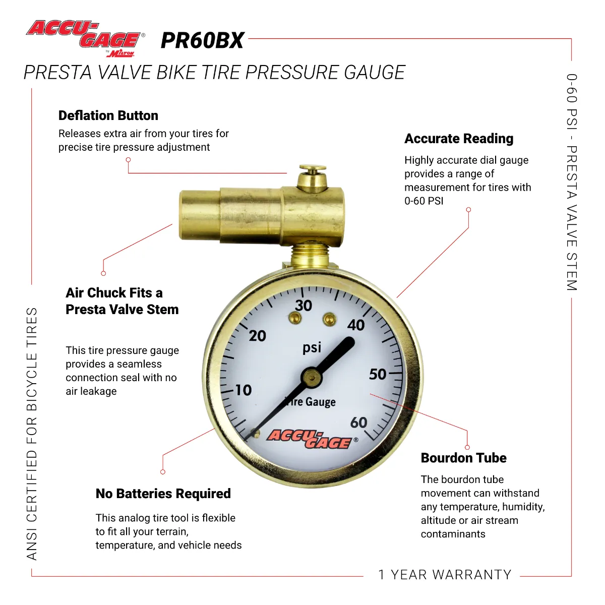 ACCU-GAGE® by Milton® Presta Valve Bike Tire Pressure Gauge with Bleeder Valve, for 0-60 PSI - ANSI Certified