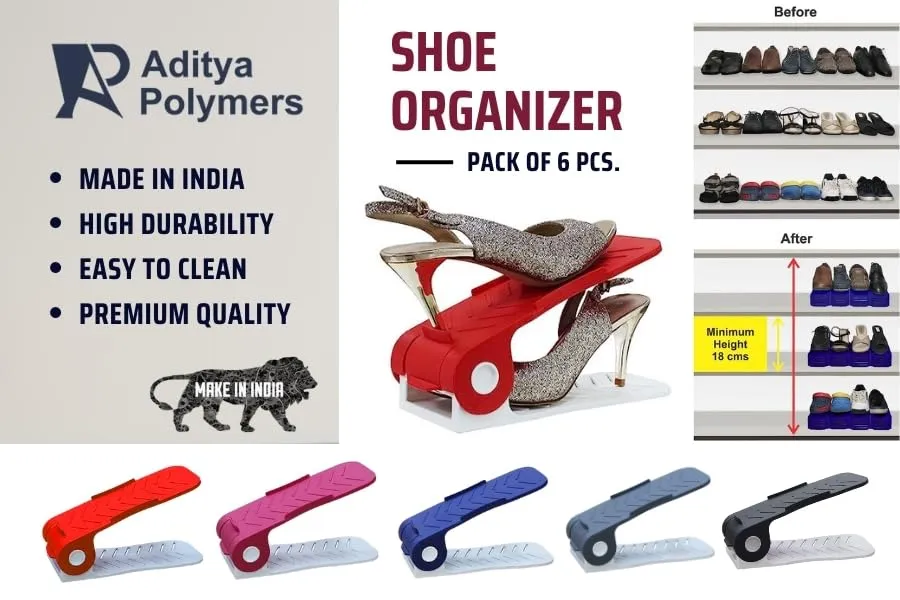 Aditya polymers (Pack of 6 pcs. - Adjustable Shoe Organizers/Organiser/Shoe Shelf/Rack/Slots/holders/Space Saver/double deck/layer/Storage Cum Organizer - Grey & White Combo, Plastic