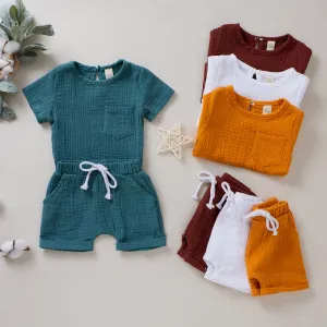 Baby Cotton Double Wrinkle Short Sleeve Shorts Two Piece Set