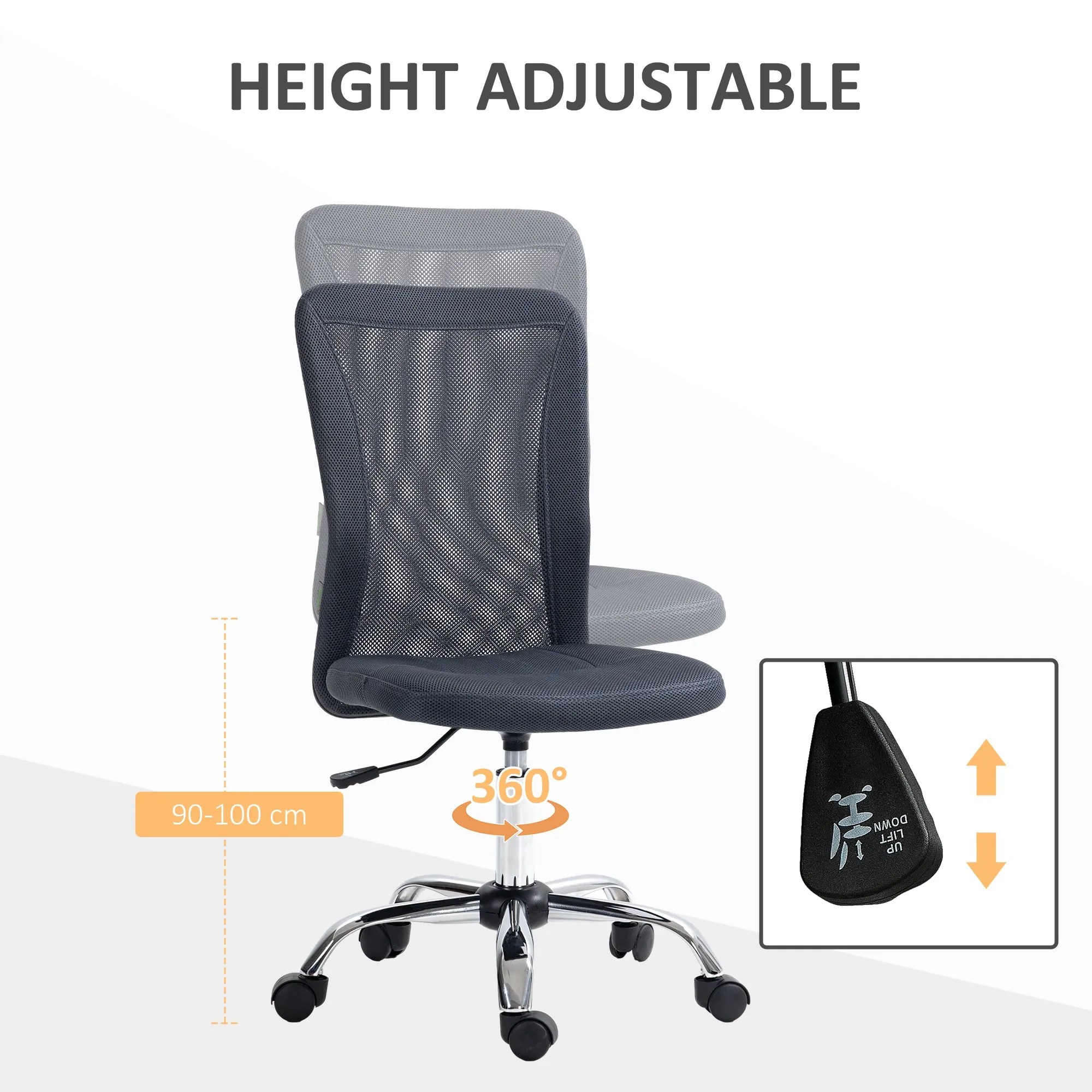 Computer Desk Chair, Mesh Office Chair with Adjustable Height and Swivel Wheels, Armless Study Chair, Grey