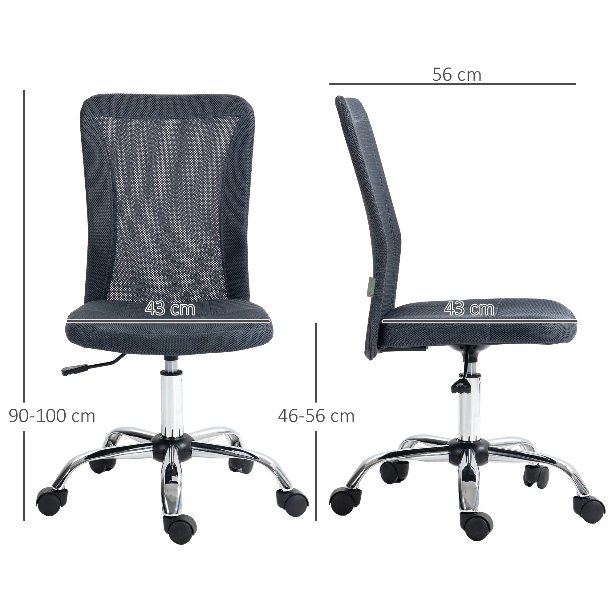 Computer Desk Chair, Mesh Office Chair with Adjustable Height and Swivel Wheels, Armless Study Chair, Grey