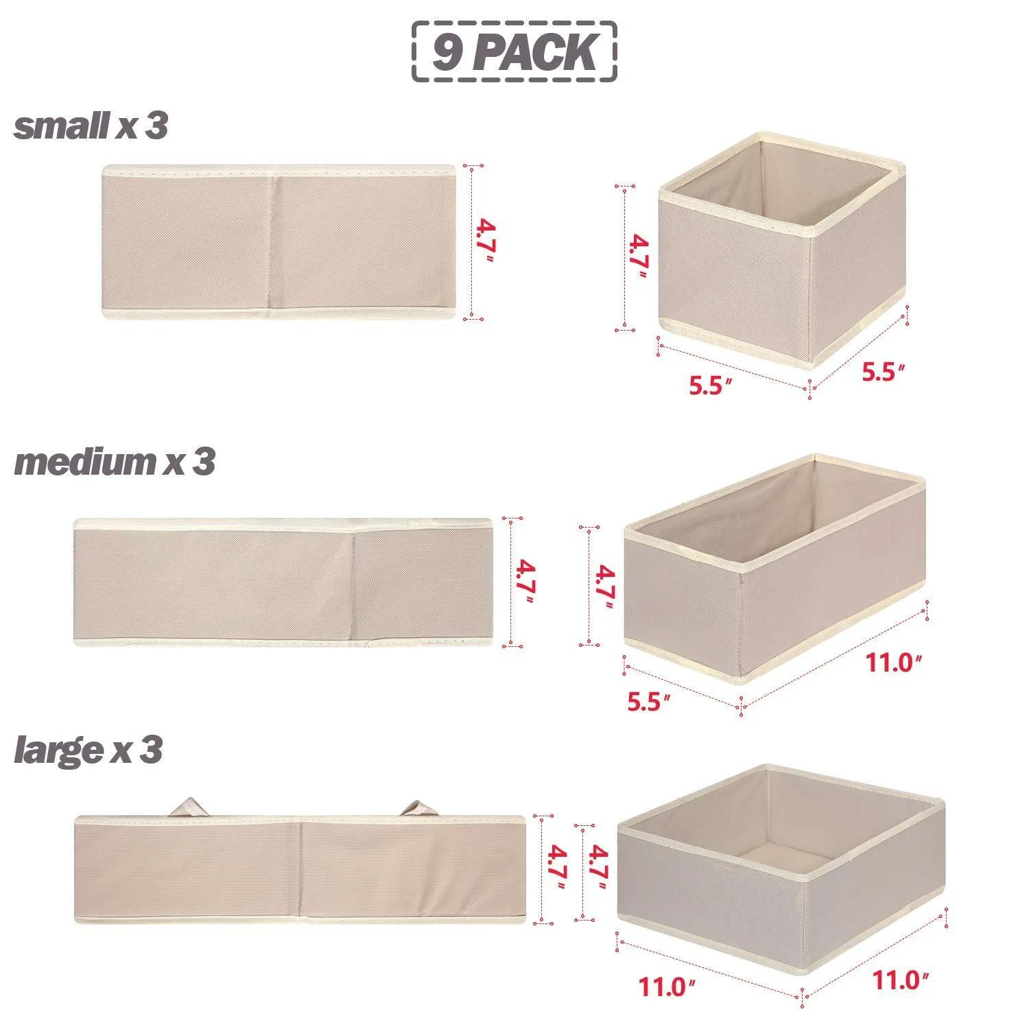 DIOMMELL 9 Pack Foldable Cloth Storage Box Closet Dresser Drawer Organizer Fabric Baskets Bins Containers Divider with Drawers for Baby Clothes Underwear Bras Socks Lingerie Clothing,Beige 333