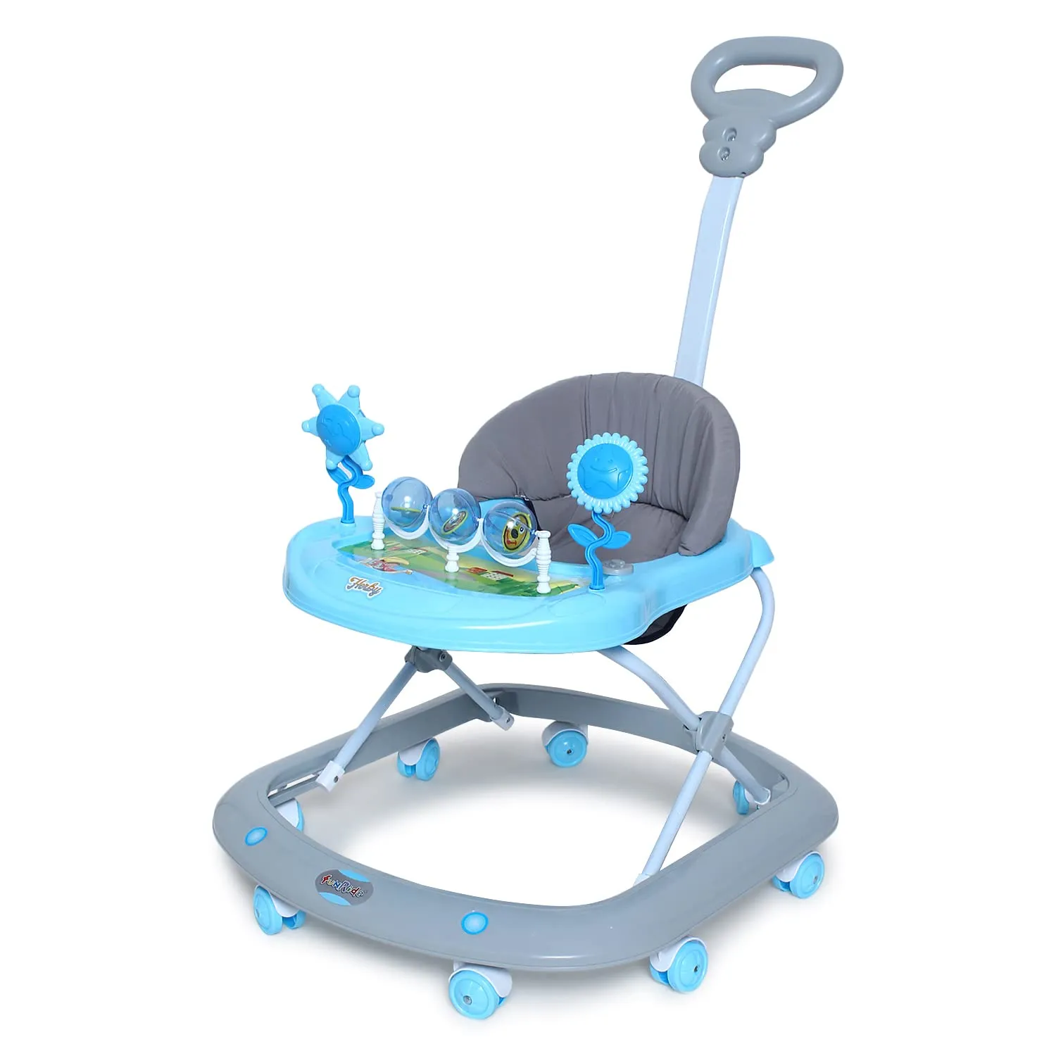 Funride Baby Walker for 6 to 18 Months with Parent Handle Rod - Foldable Activity Walker with Adjustable Height and Parent Handle Rod for Boys and Girls