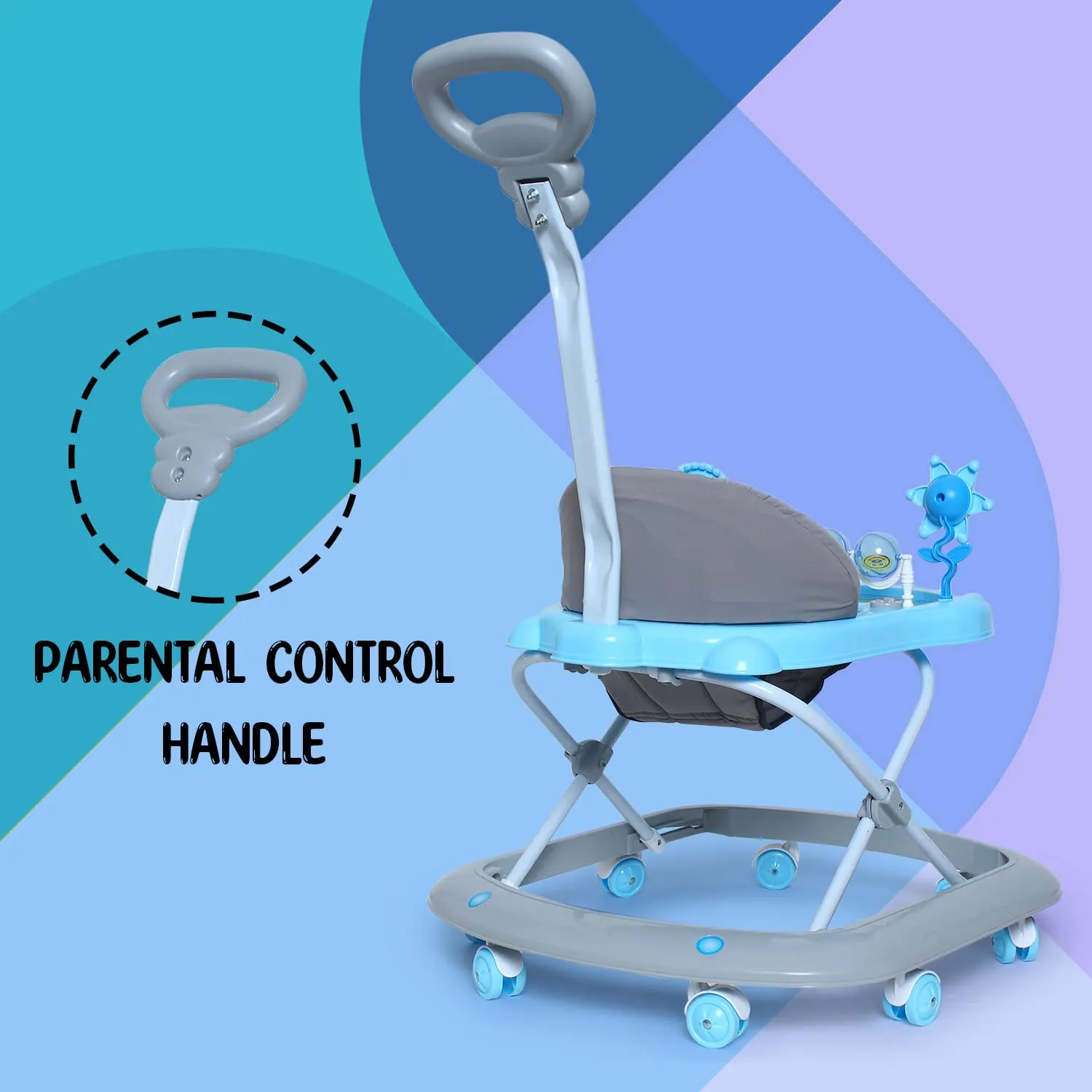 Funride Baby Walker for 6 to 18 Months with Parent Handle Rod - Foldable Activity Walker with Adjustable Height and Parent Handle Rod for Boys and Girls