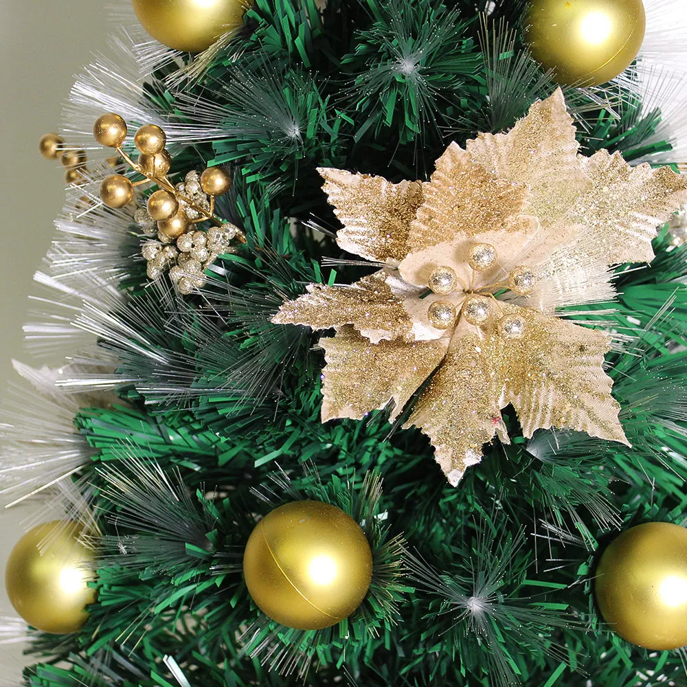 Golden Holly Flowers Baubles Christmas Fibre Optic Tree Pre-Lit Warm White Lights