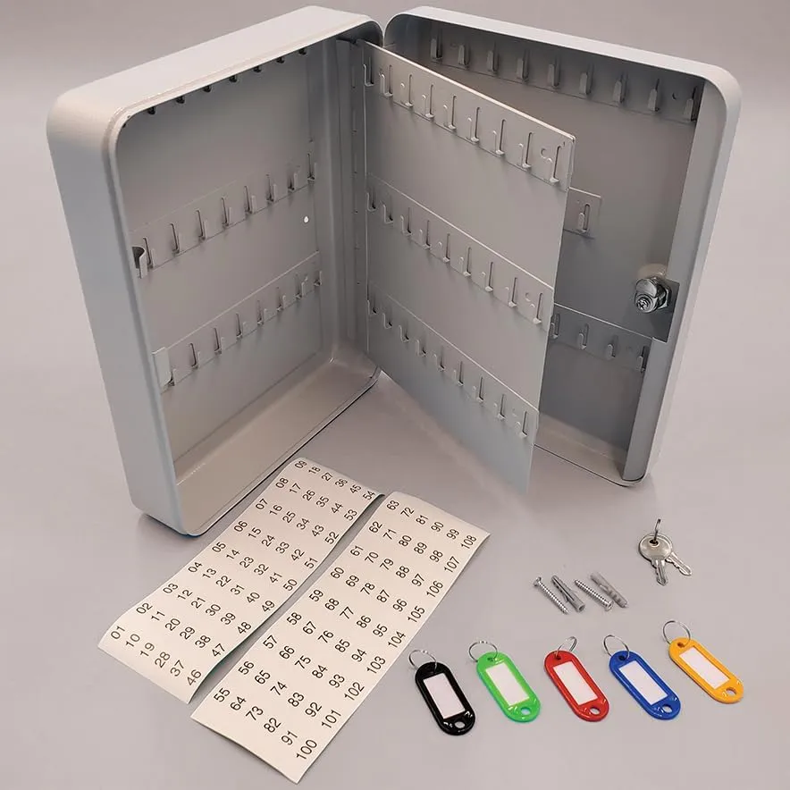 Key Control Cabinets for Automotive Key Management - Gray Steel Cabinets with Secure Lock System - Includes Key Fobs, Key Rings, and Numbered Stickers - 105 Key Capacities