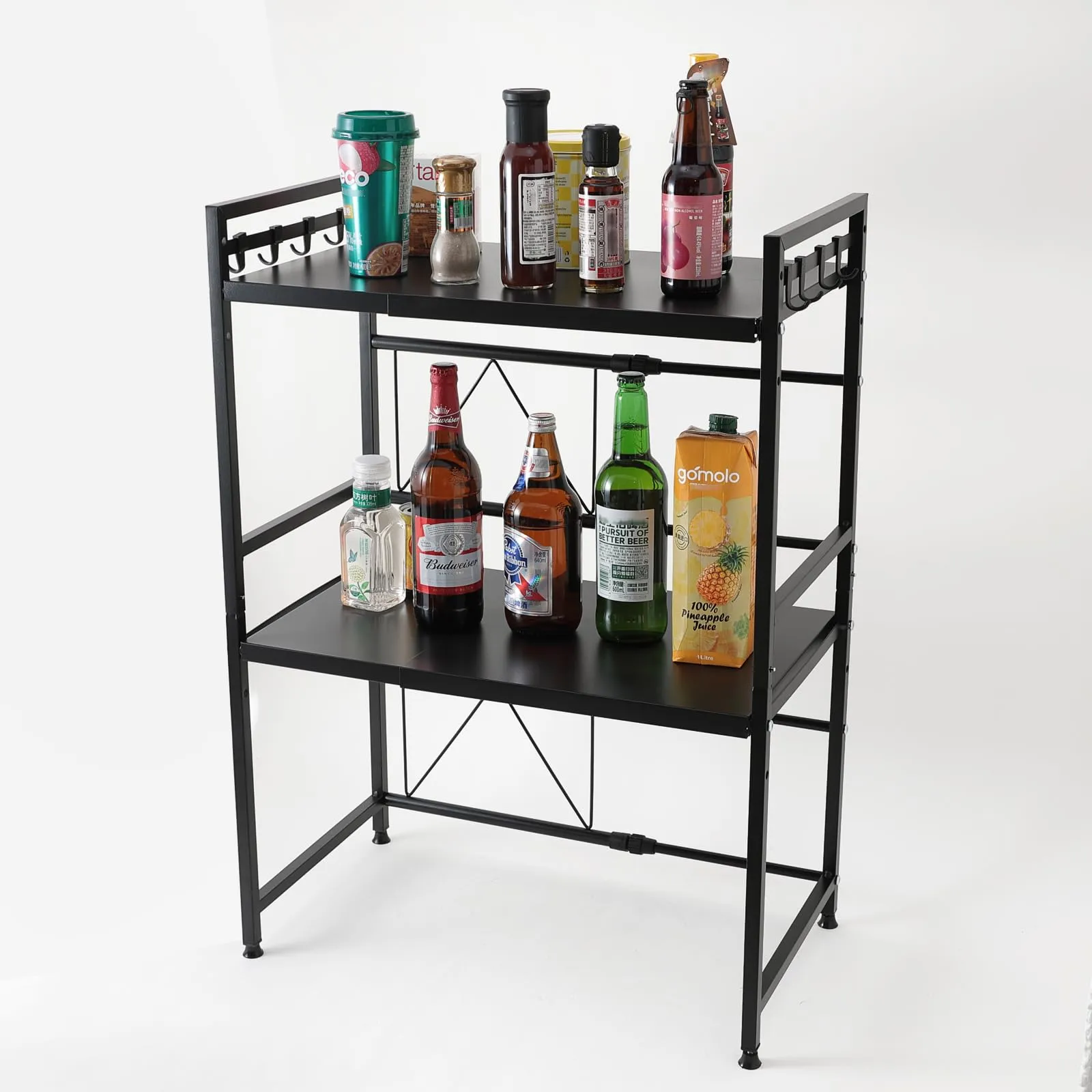 Kuber Industries 2-Layer Microwave Oven Rack|Telescopic Storage Rack|Microwave Shelf Stand with Hanging Hooks|Kitchen Counter Shelf Organizer (Black)