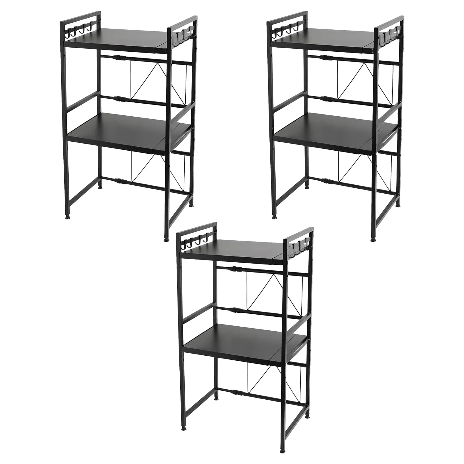 Kuber Industries 2-Layer Microwave Oven Rack|Telescopic Storage Rack|Microwave Shelf Stand With Hanging Hooks|Kitchen Counter Shelf Organizer Pack of 3 (Black)