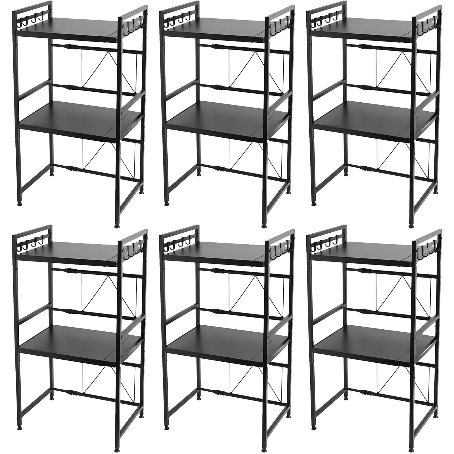 Kuber Industries 2-Layer Microwave Oven Rack|Telescopic Storage Rack|Microwave Shelf Stand With Hanging Hooks|Kitchen Counter Shelf Organizer Pack of 6 (Black)