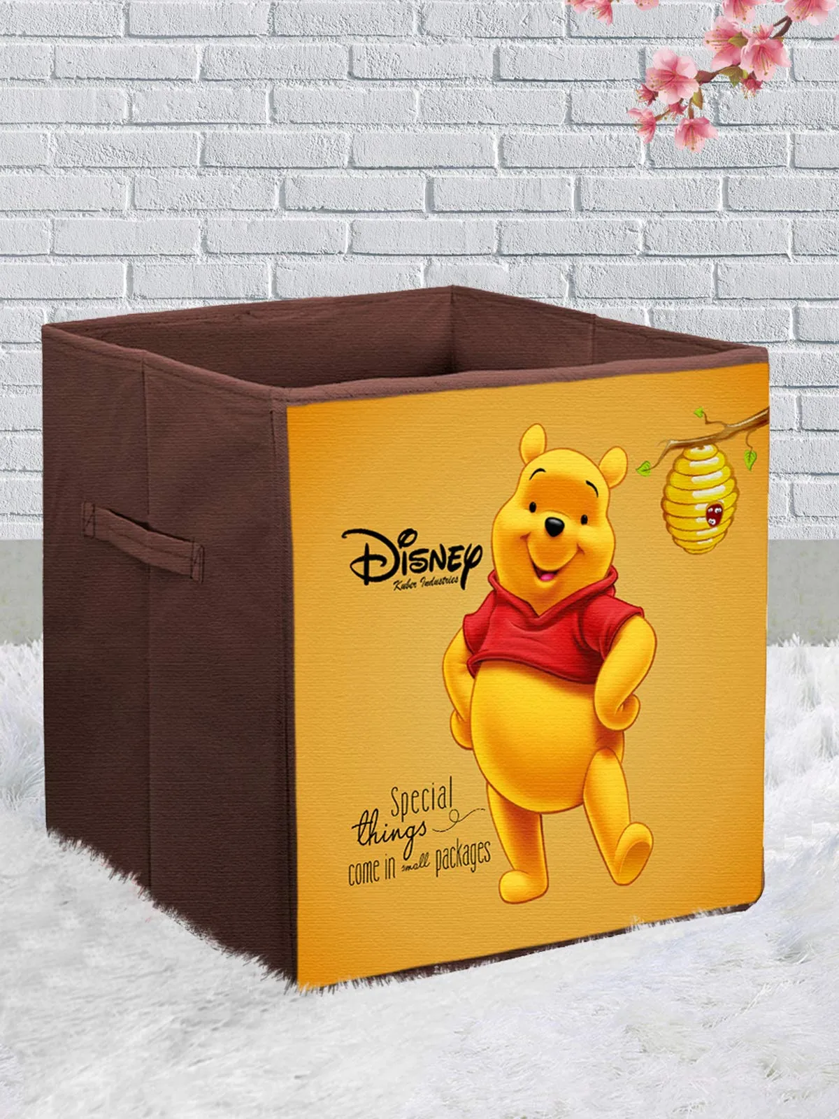 Kuber Industries Disney The Pooh Print Foldable Cube Box|Non Woven Storage Box For Clothes|Storage Organizer for Toys, Books, Baby Clothes (Yellow & Brown)