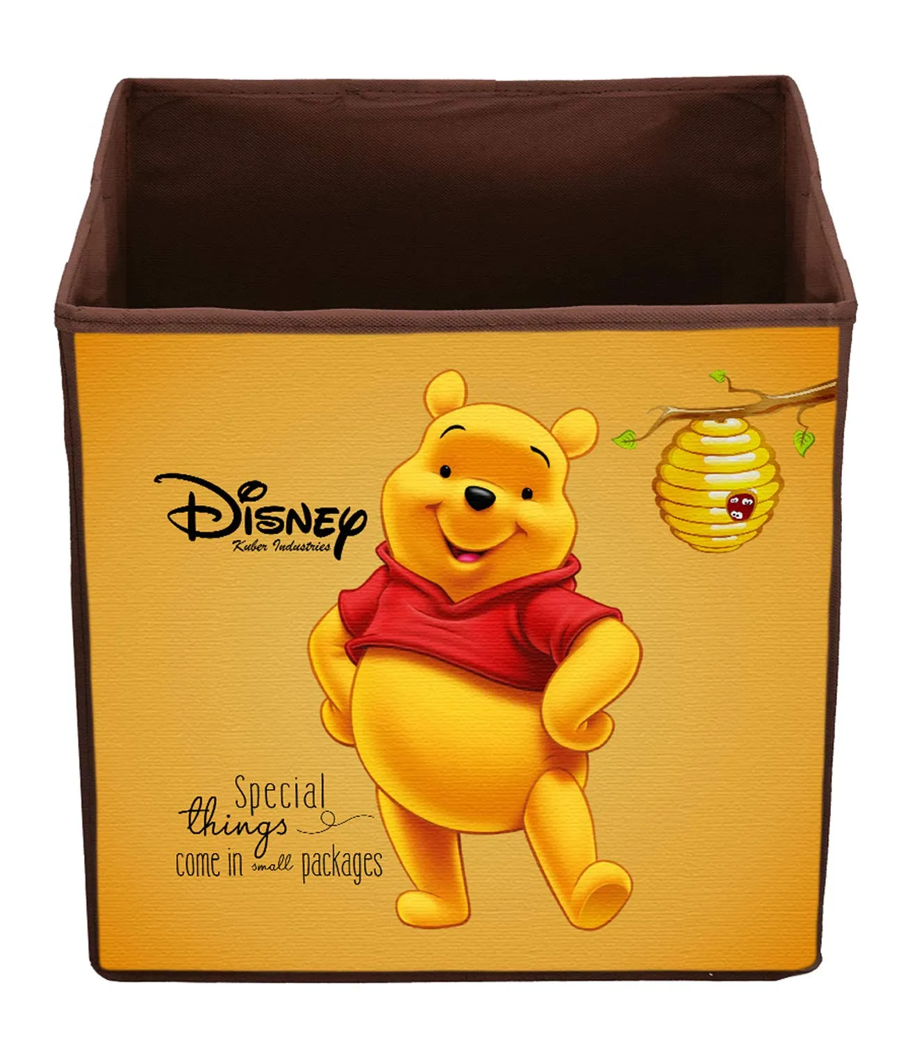 Kuber Industries Disney The Pooh Print Foldable Cube Box|Non Woven Storage Box For Clothes|Storage Organizer for Toys, Books, Baby Clothes (Yellow & Brown)