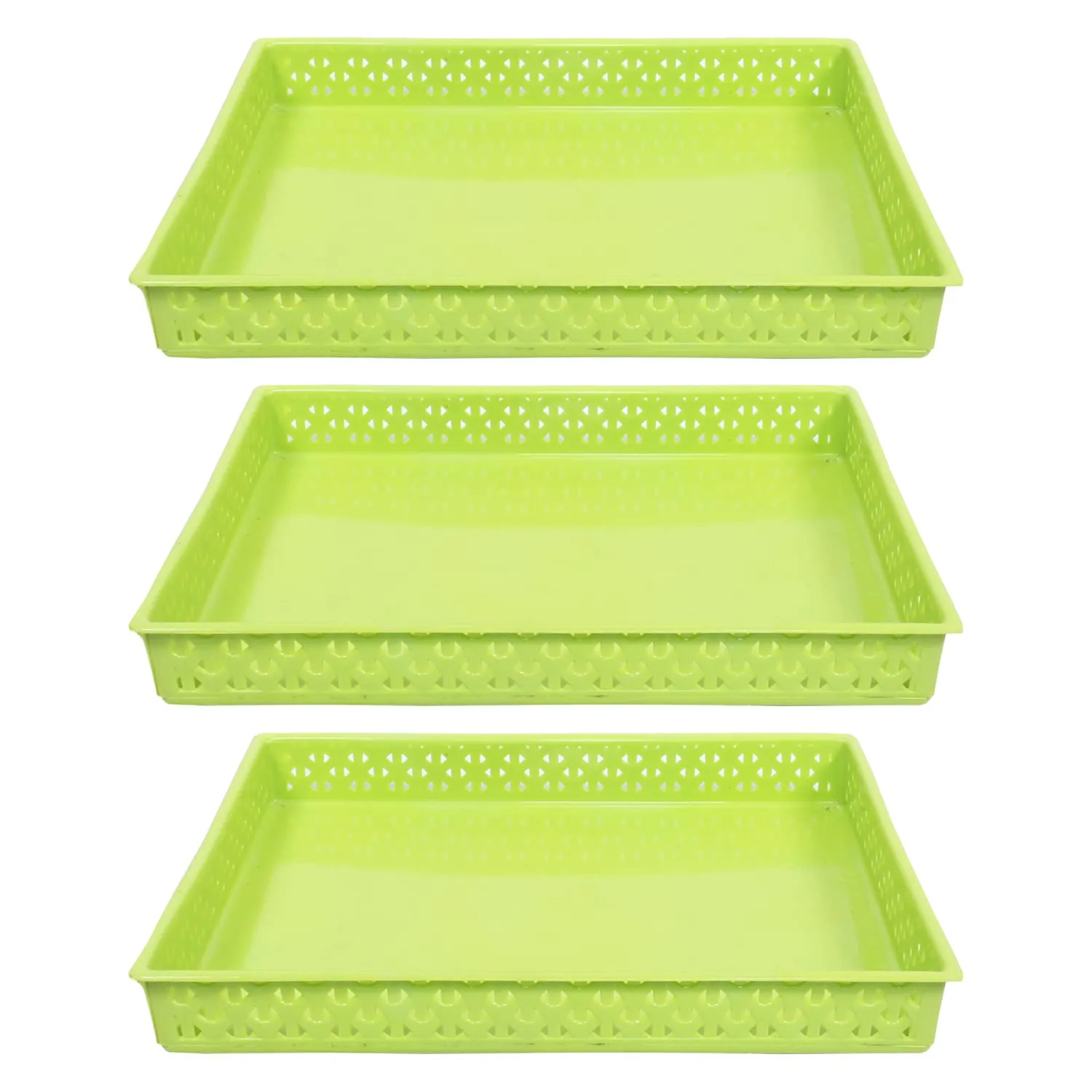 Kuber Industries Storage Tray|Versatile Plastic Storage Organizer|Rectangular Tray for Kitchen Storage|Storage Tray for Office|ALEXA-15|Pack of 3 (Green)