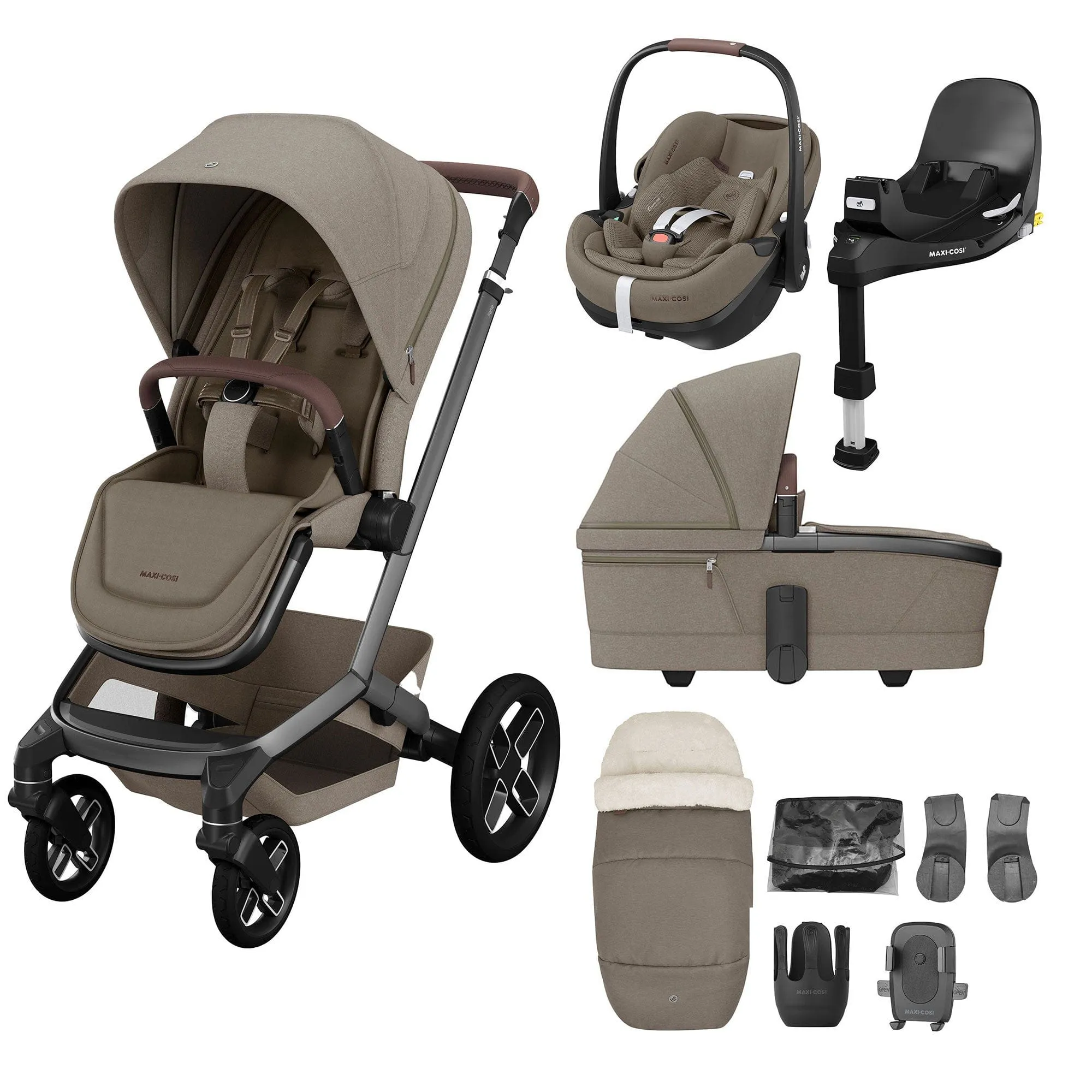 Maxi-Cosi FAME 9 Piece Premium Bundle in Twillic Truffle (Black Wheels)