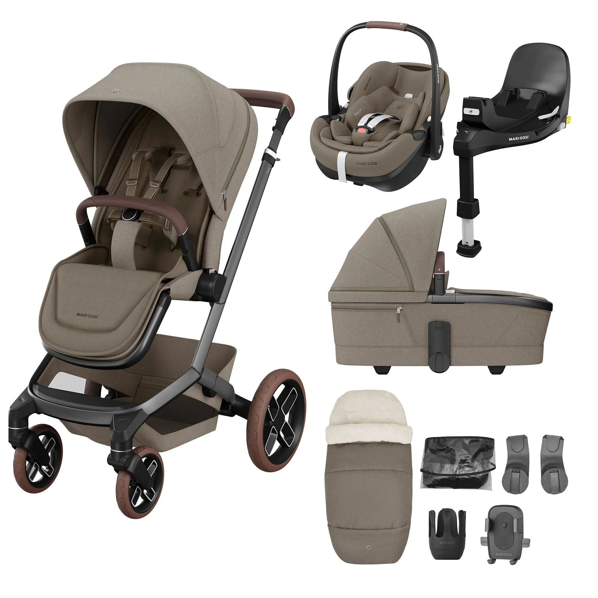 Maxi-Cosi FAME 9 Piece Premium Bundle in Twillic Truffle (Brown Wheels)