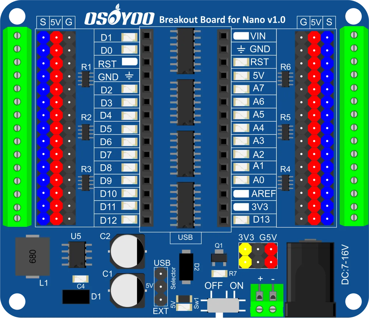 OSOYOO Nano Breakout Board,GPIO Status LED,I/O Shield,Terminal Expansion block for Arduino Nano, 5V 3.3V Outputs