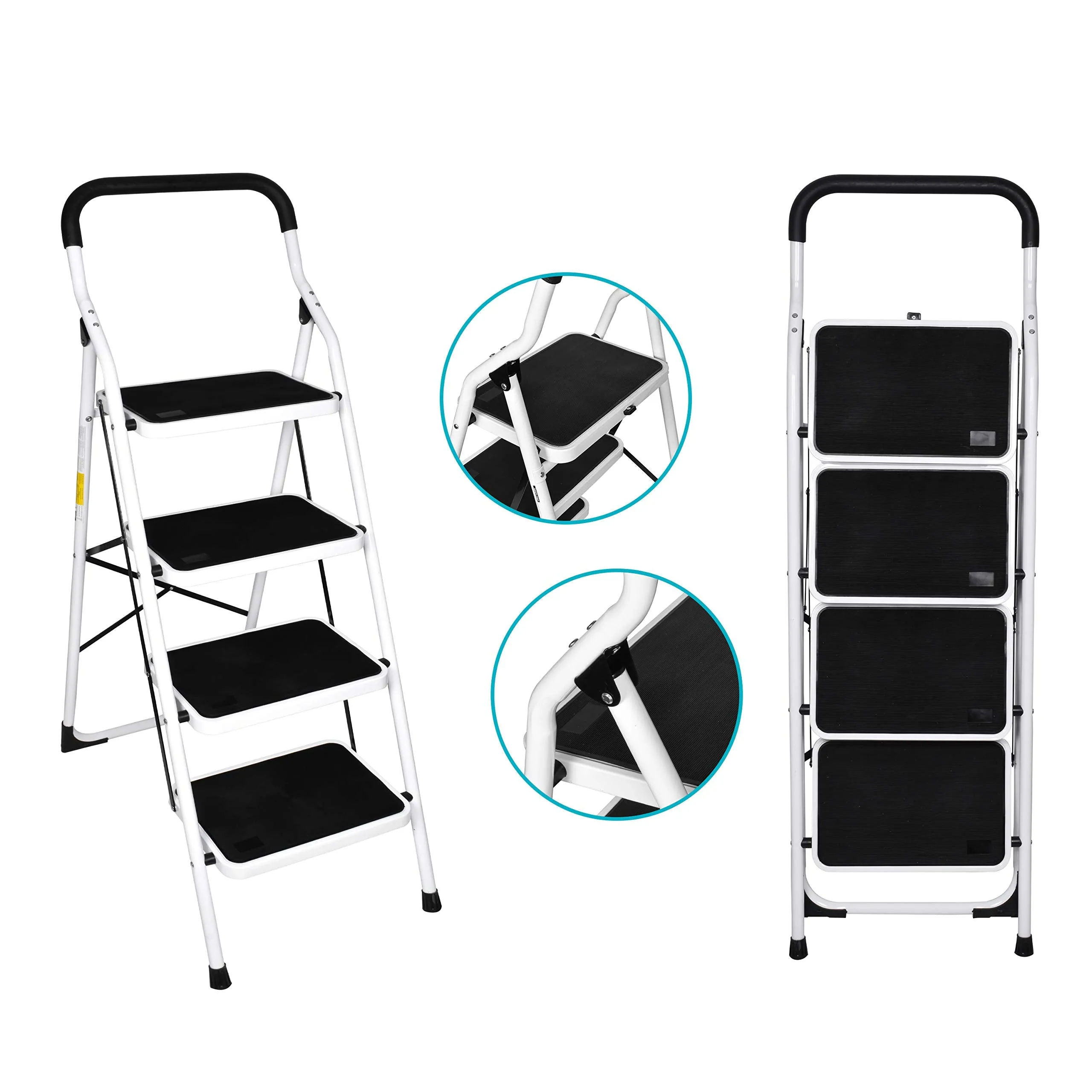 Plantex Heavy Steel Folding 4 Step Ladder for Home - 4 Wide Anti Skid Steps (White & Black)