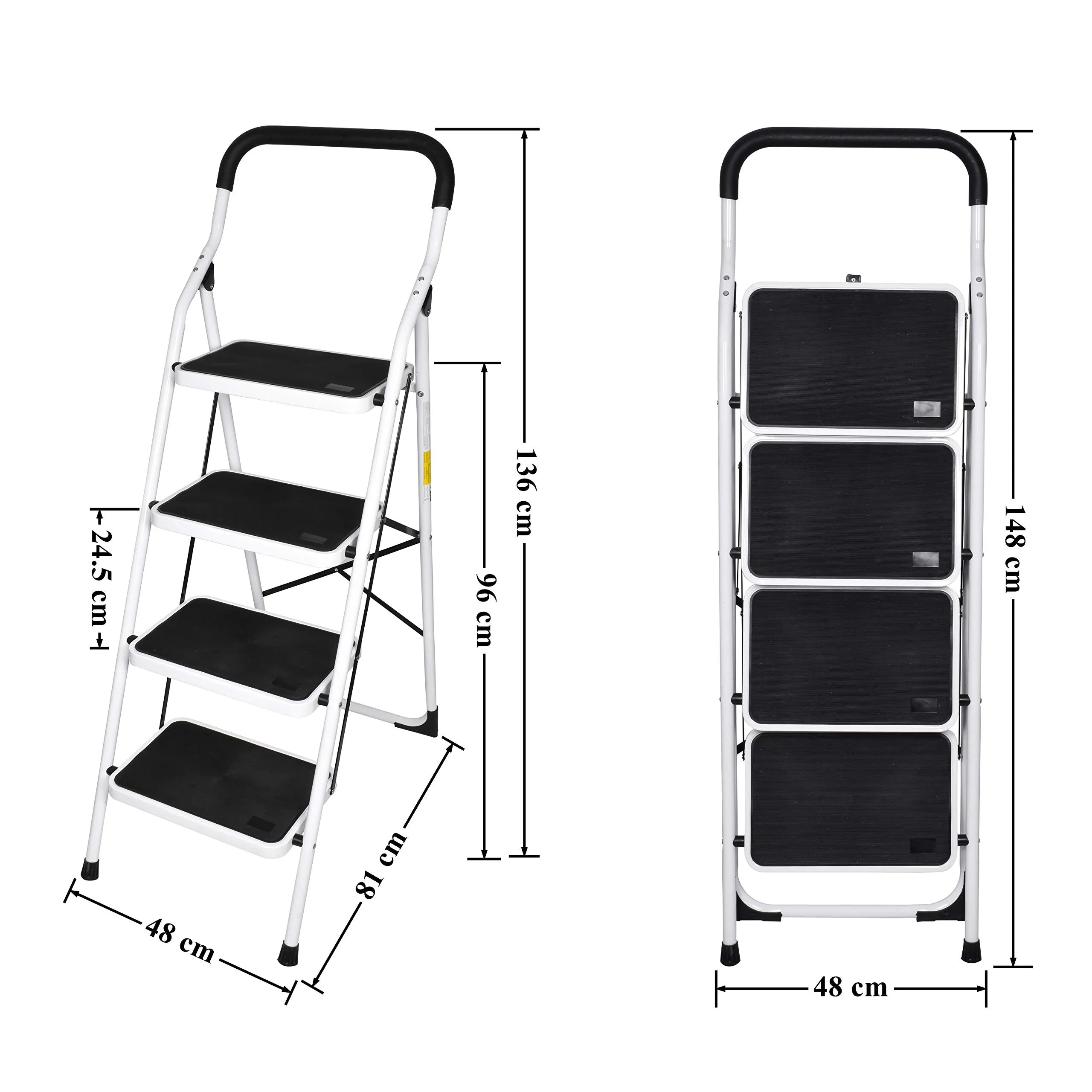 Plantex Heavy Steel Folding 4 Step Ladder for Home - 4 Wide Anti Skid Steps (White & Black)