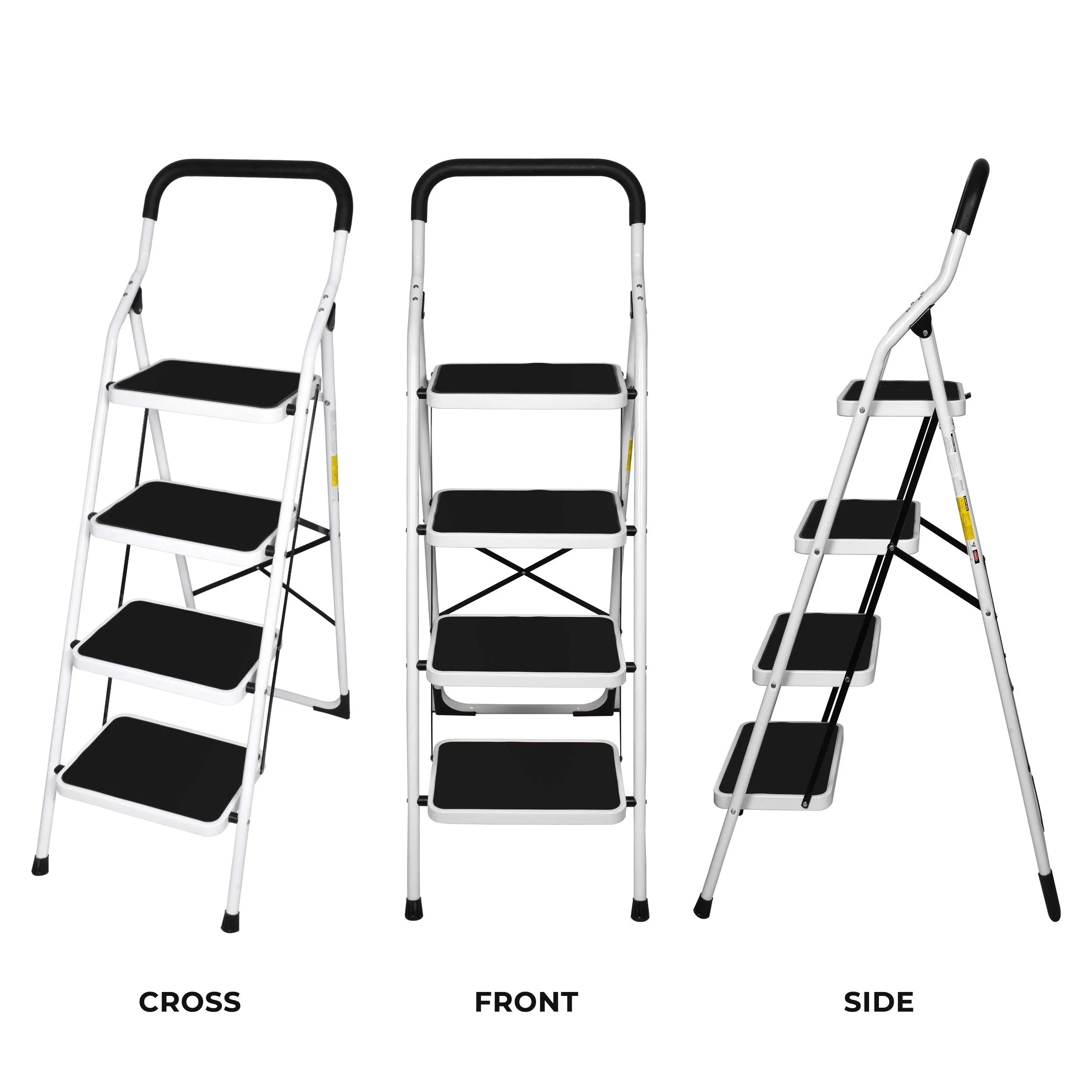 Plantex Heavy Steel Folding 4 Step Ladder for Home - 4 Wide Anti Skid Steps (White & Black)