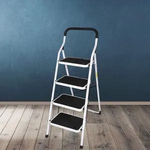 Plantex Heavy Steel Folding 4 Step Ladder for Home - 4 Wide Anti Skid Steps (White & Black)