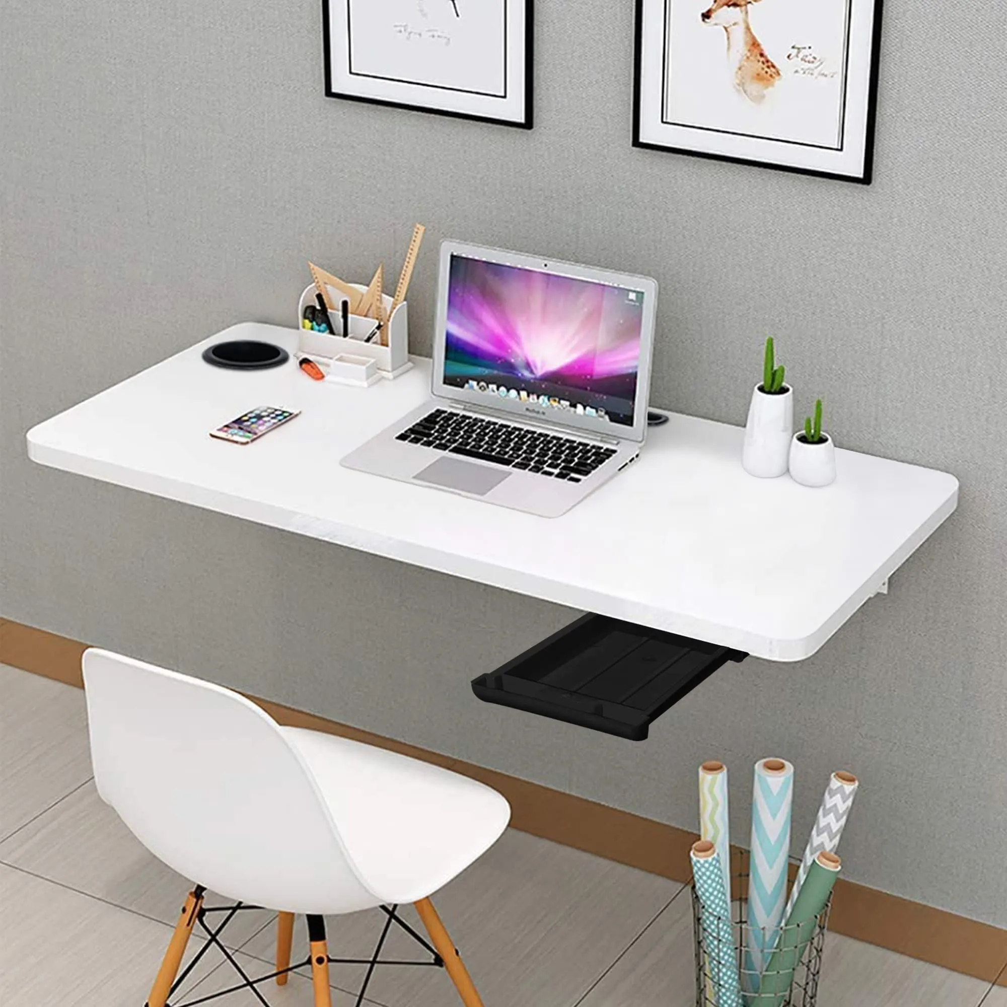 QARA (31 x 18.5 inches Wood Wall Mounted Round Corner Folding Wall Study Table| Wall Mount Table with Drawer | Foldable Laptop Desk for Home and Office Computer- White