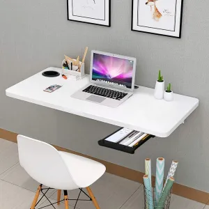 QARA (31 x 18.5 inches Wood Wall Mounted Round Corner Folding Wall Study Table| Wall Mount Table with Drawer | Foldable Laptop Desk for Home and Office Computer- White