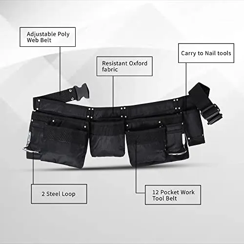 "11 Pocket Polyester Tool Belt - Black Work Apron for Real Tasks and Imaginative Play - Adjustable Poly Web Belt with Quick Release Buckle - Fits