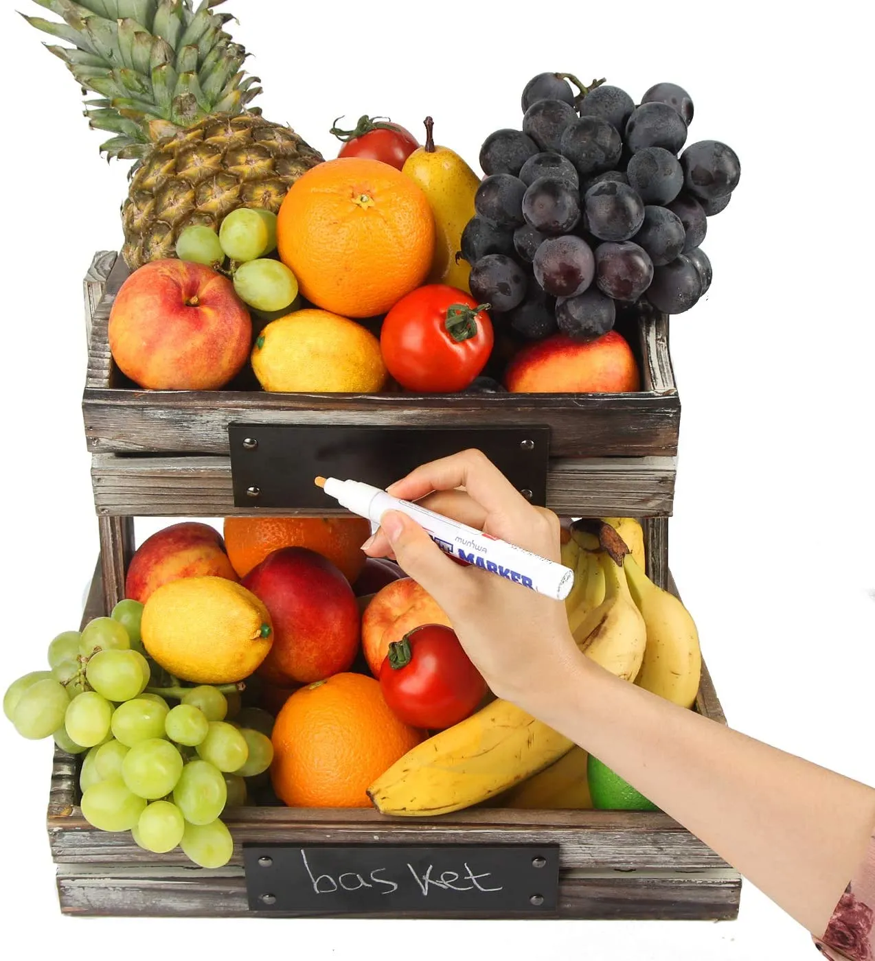 Rustic Wood 2 Tier Fruit Basket with Chalkboards