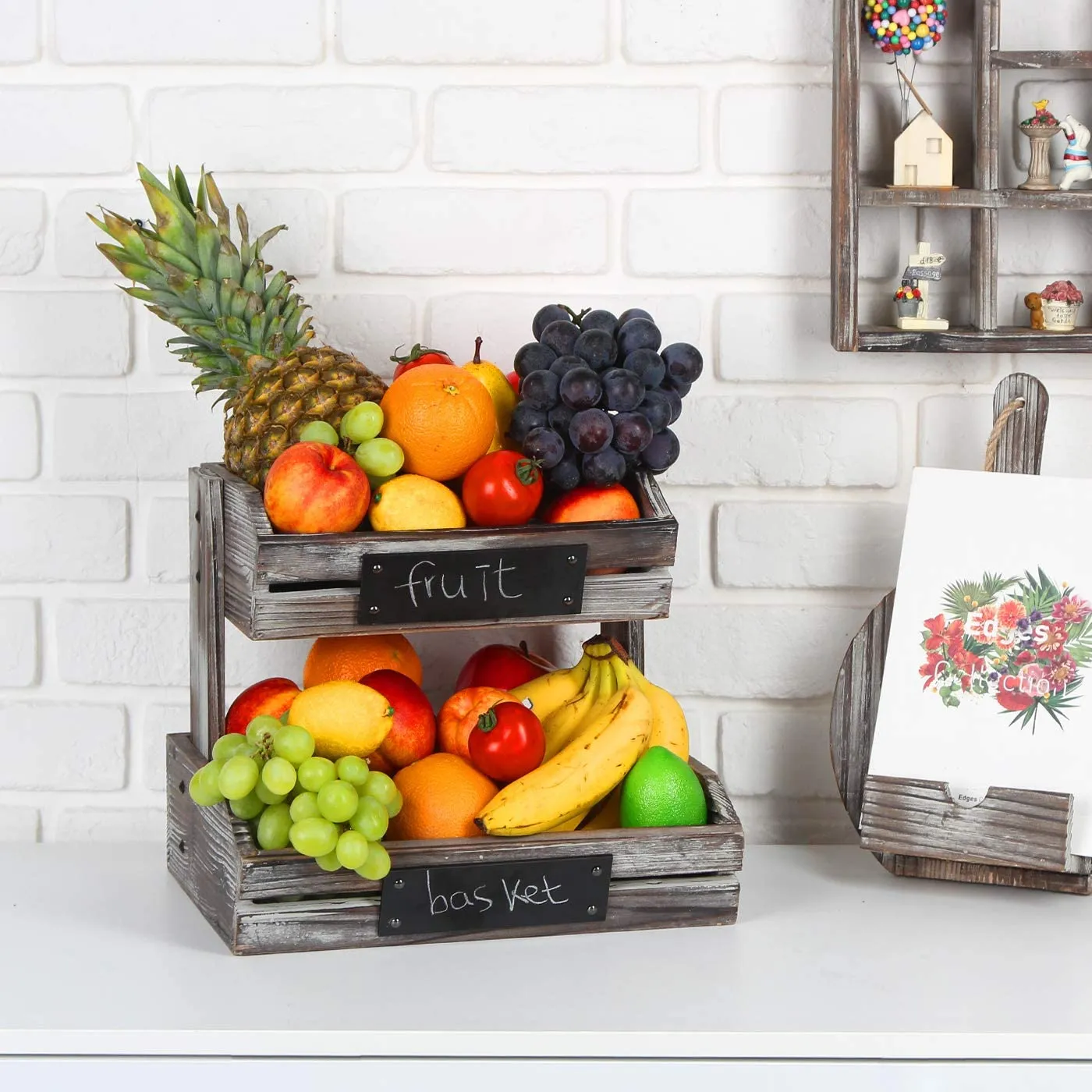 Rustic Wood 2 Tier Fruit Basket with Chalkboards