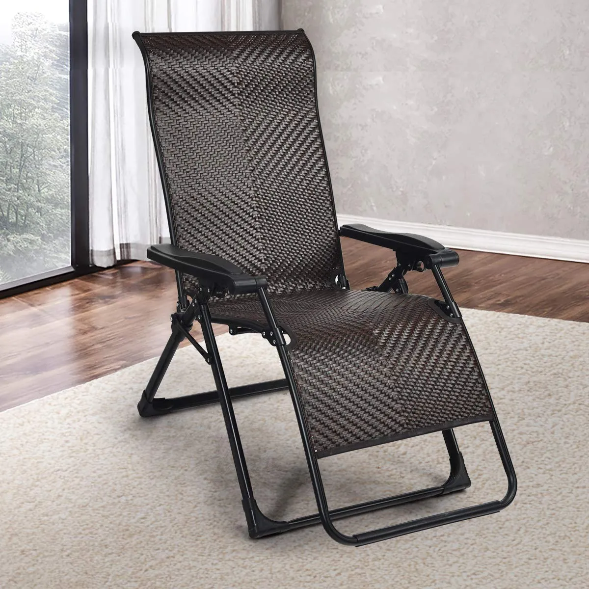 Tangkula Rattan Zero Gravity Chair, Outdoor Adjustable Folding Lounge Chair with Widened Armrest & Locking System