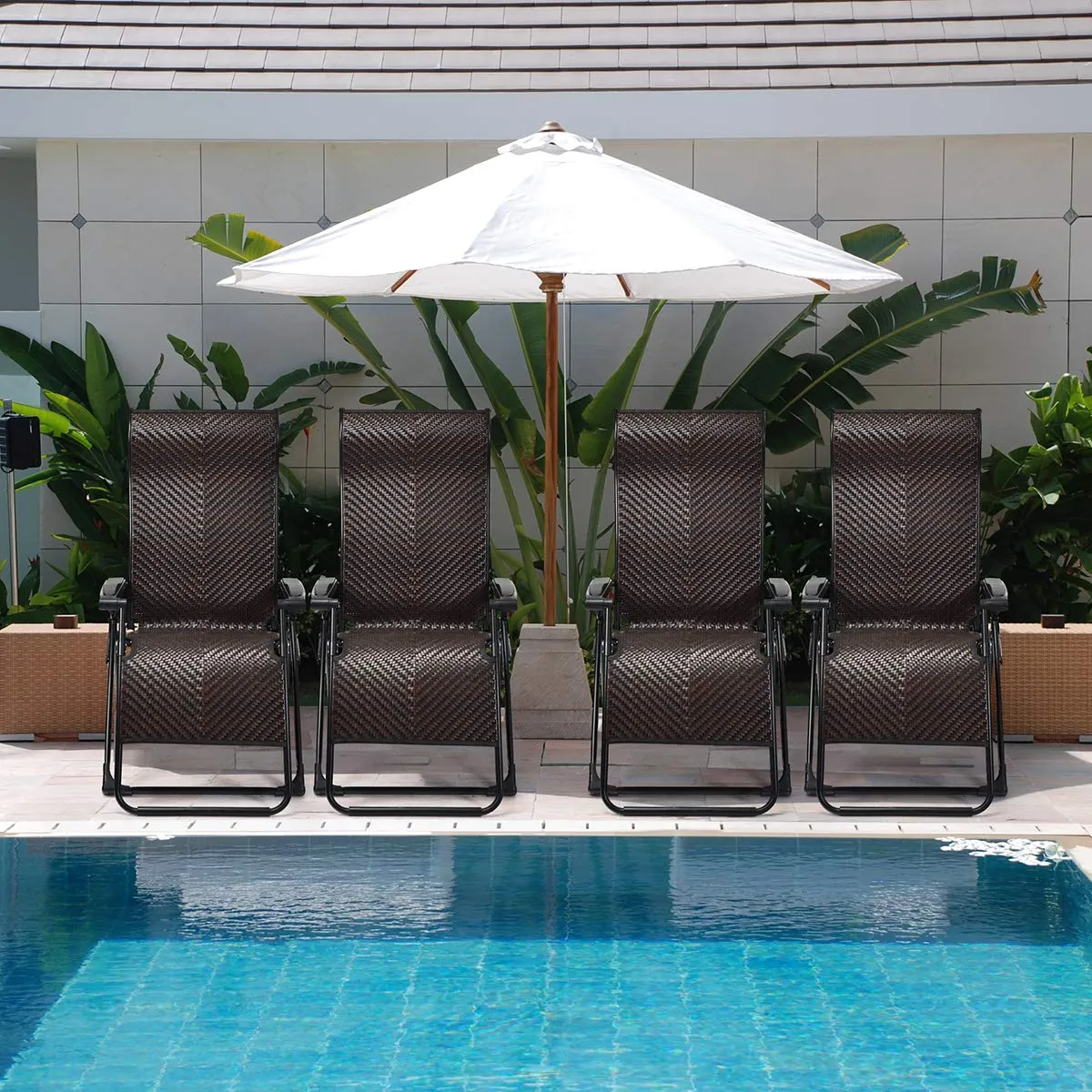 Tangkula Rattan Zero Gravity Chair, Outdoor Adjustable Folding Lounge Chair with Widened Armrest & Locking System