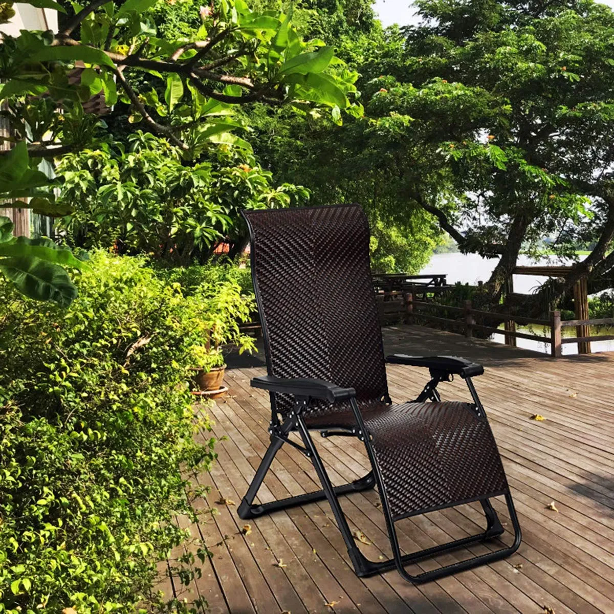 Tangkula Rattan Zero Gravity Chair, Outdoor Adjustable Folding Lounge Chair with Widened Armrest & Locking System