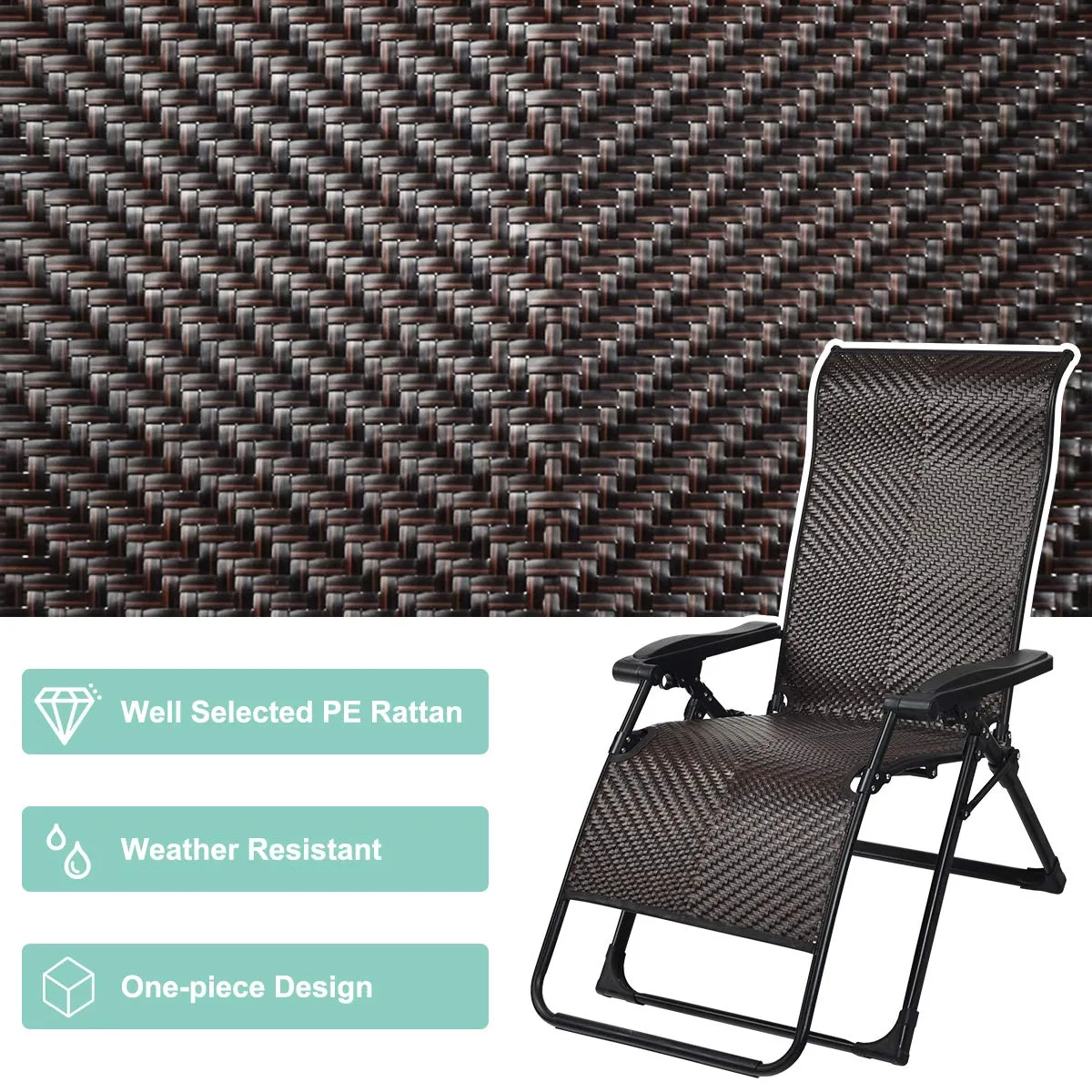 Tangkula Rattan Zero Gravity Chair, Outdoor Adjustable Folding Lounge Chair with Widened Armrest & Locking System