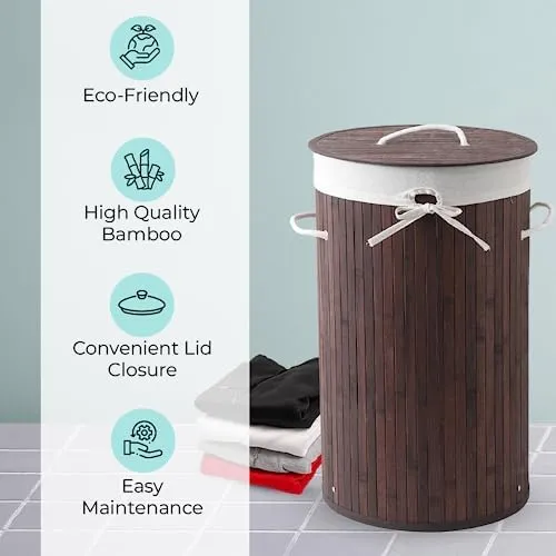 The Better Home Bamboo Laundry Bag 72 Litres With Lid (Pack of 2) | Foldable Laundry Basket For Clothes | Washing Clothes Basket | Clothes Bin - Dark Brown