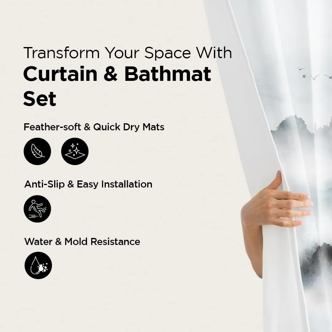 The Better Home Shower Curtains (180x180cm) with Bathmats | 3 pcs set | Polyester | Anti-Fall, Easy-Slide Curtains, Quick-Dry Non-Slippery mats | For Bathroom | Advanced Design| Hazy Hills - Grey Blue