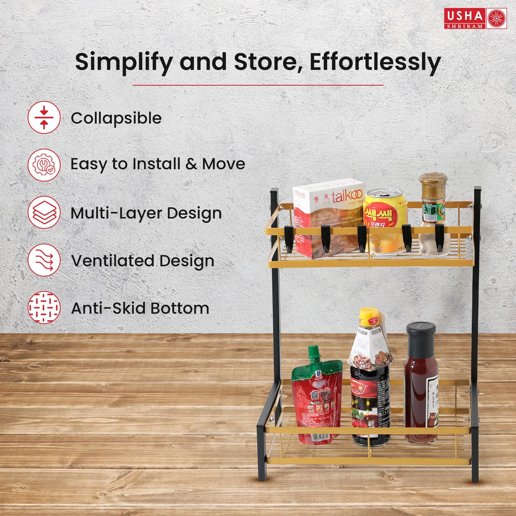 USHA SHRIRAM 2 Layer(3Pcs) Carbon Steel Oil Bottle Holder For Kitchen With Spoon Holder |360 Rotation | Wine Whiskey Bottle Holder | Shelf For Kitchen | Storage Rack For Kitchen Organiser | Black Gold