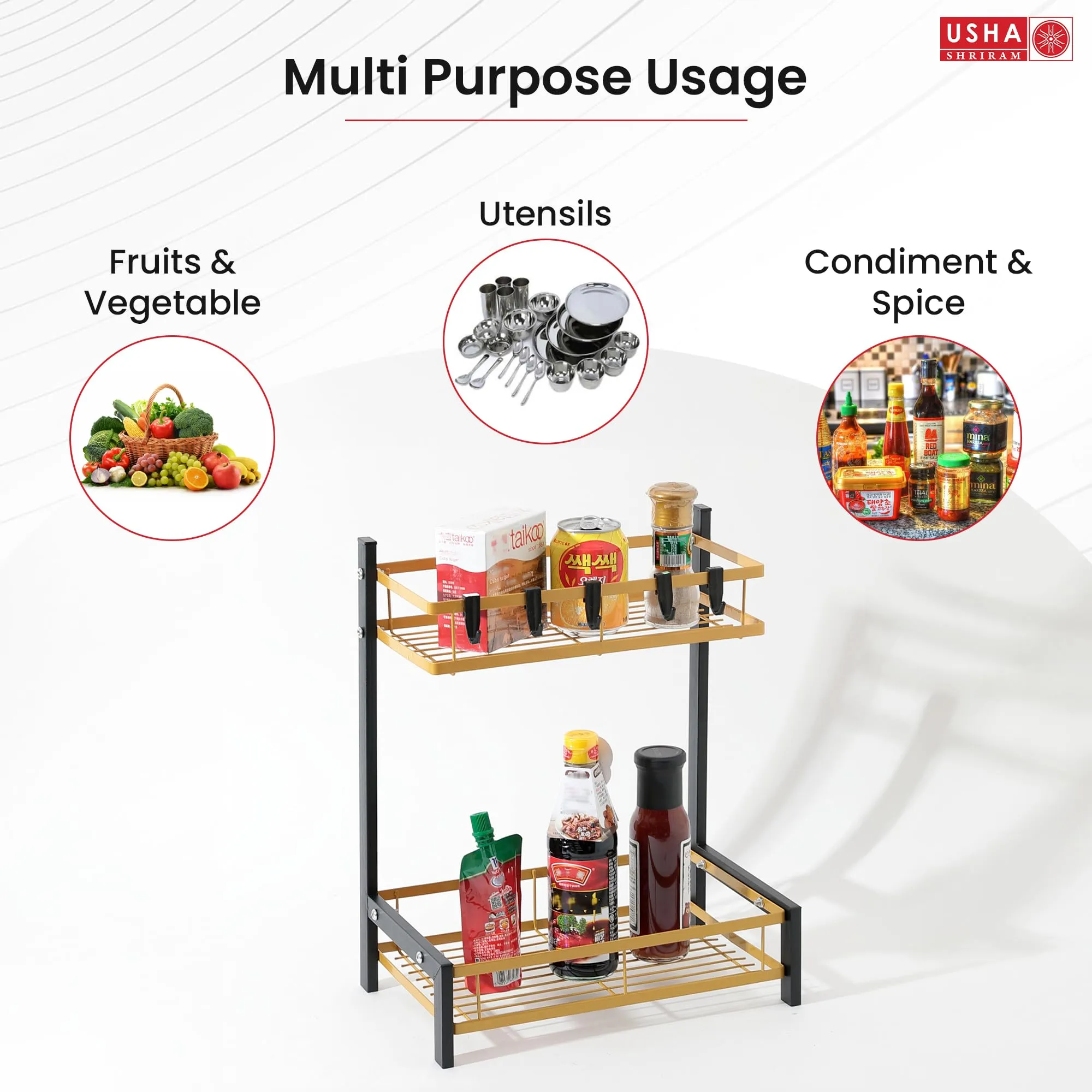 USHA SHRIRAM 2 Layer(3Pcs) Carbon Steel Oil Bottle Holder For Kitchen With Spoon Holder |360 Rotation | Wine Whiskey Bottle Holder | Shelf For Kitchen | Storage Rack For Kitchen Organiser | Black Gold