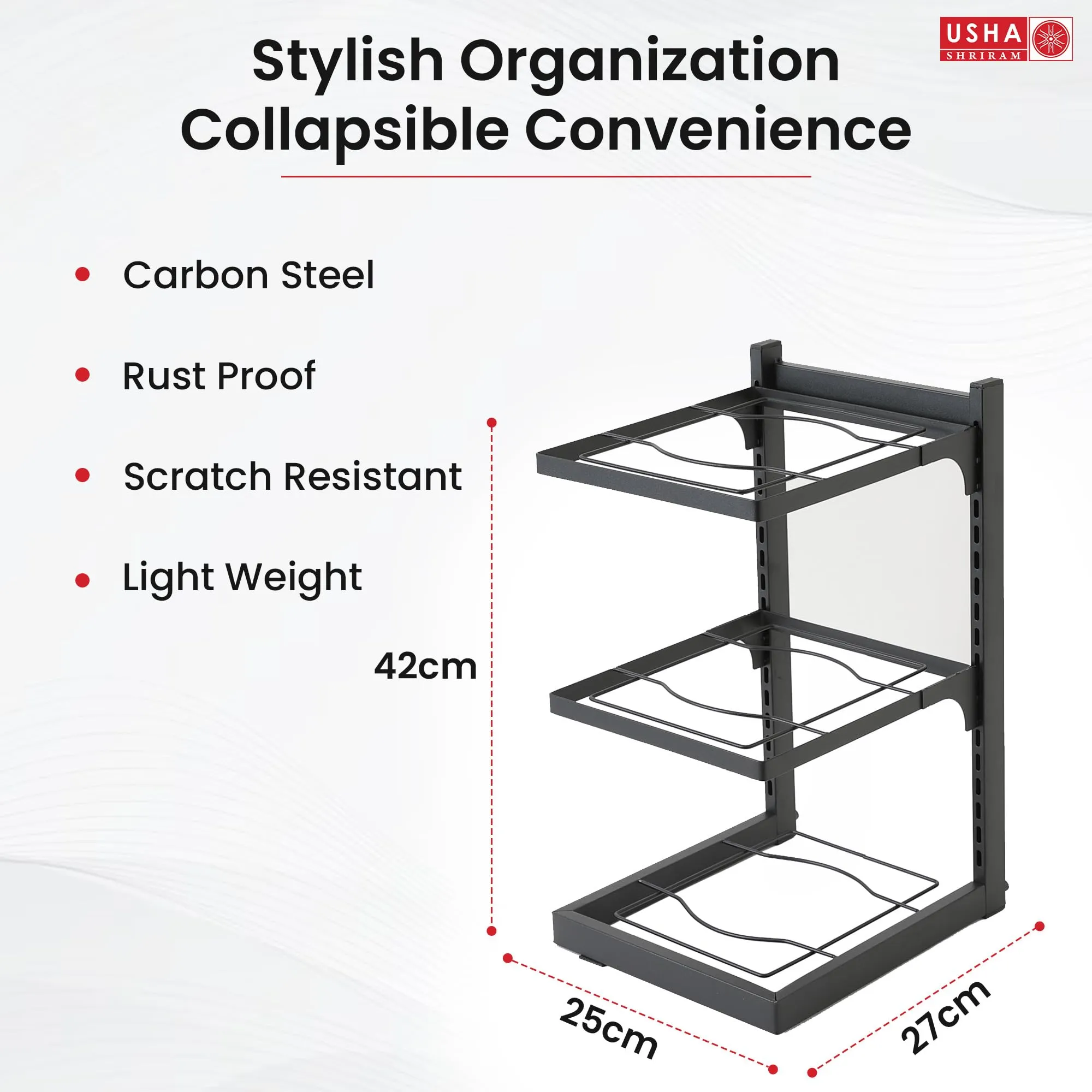 USHA SHRIRAM Carbon Steel | Dish Organiser For Kitchen | Kitchen Side Rack Organiser | Kadai Pan Organiser Rack For Kitchen | Kitchen Appliances Organiser | itchen Shelf Organiser (Pack of 3, 3 Layer)