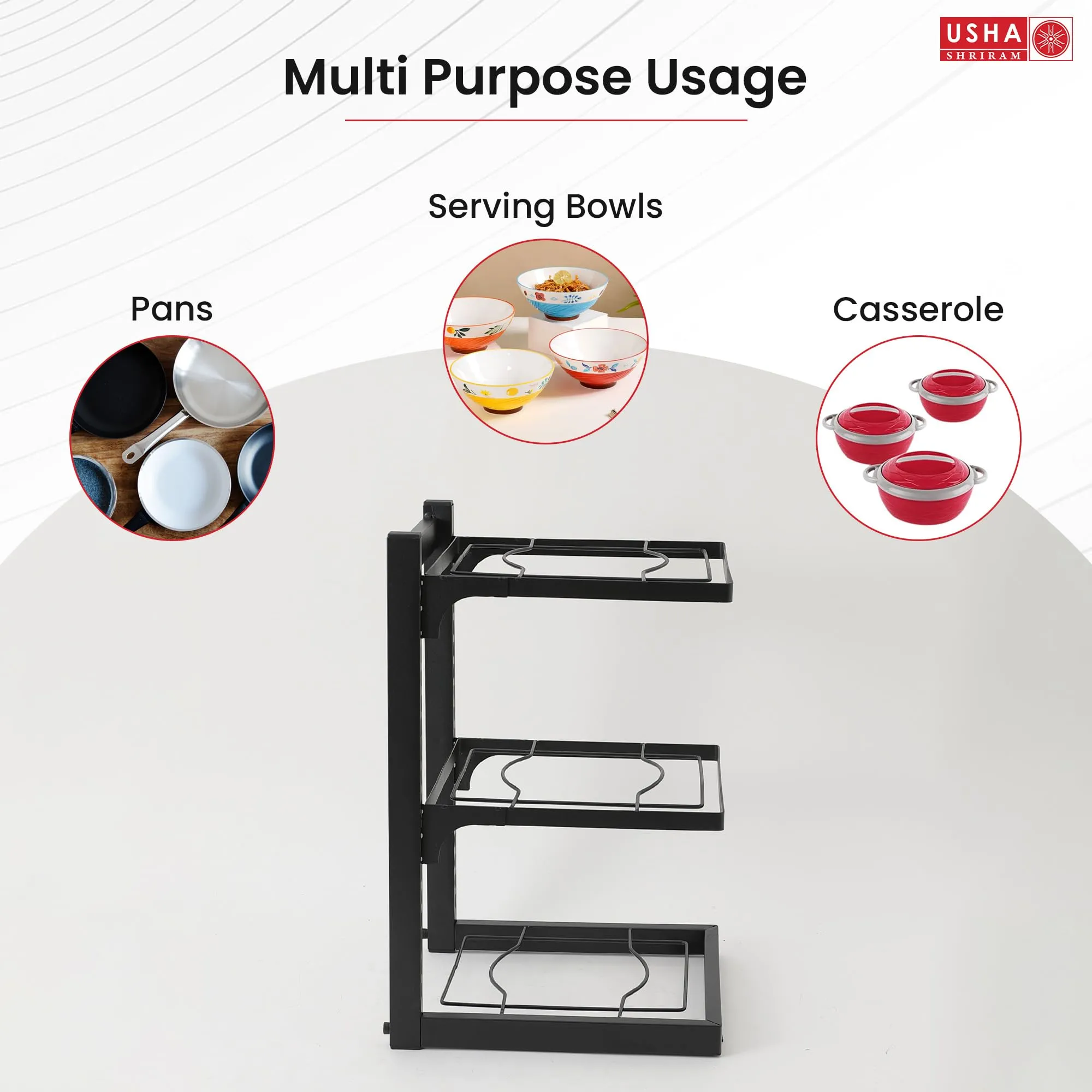 USHA SHRIRAM Carbon Steel | Dish Organiser For Kitchen | Kitchen Side Rack Organiser | Kadai Pan Organiser Rack For Kitchen | Kitchen Appliances Organiser | itchen Shelf Organiser (Pack of 3, 3 Layer)