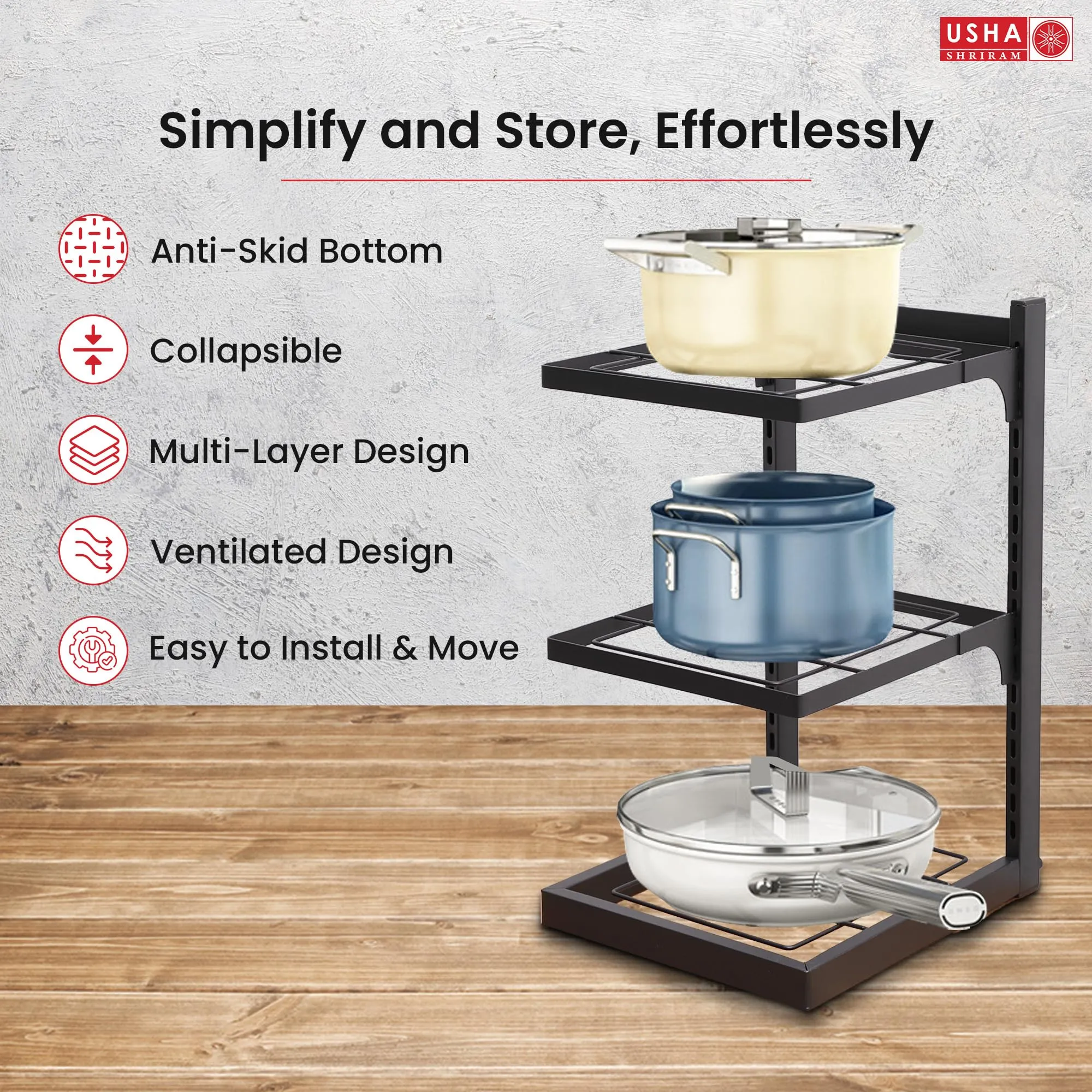 USHA SHRIRAM Carbon Steel | Dish Organiser For Kitchen | Kitchen Side Rack Organiser | Kadai Pan Organiser Rack For Kitchen | Kitchen Appliances Organiser | itchen Shelf Organiser (Pack of 3, 3 Layer)