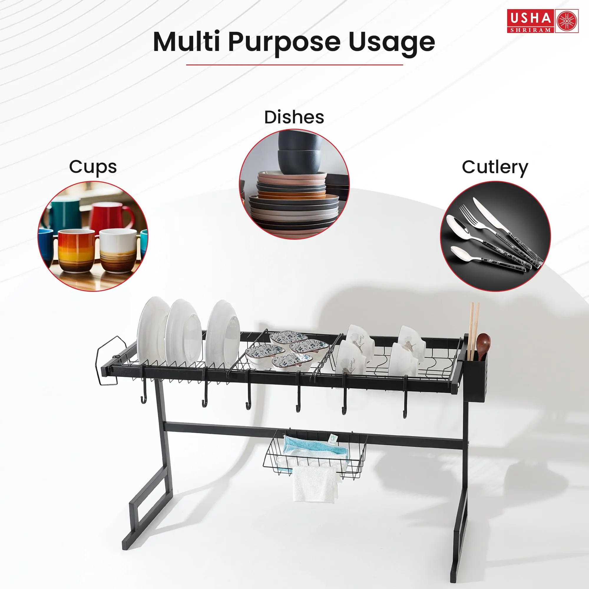 USHA SHRIRAM Carbon Steel Plate Bowl Holder | Sink Organiser In Kitchen | Utensil Dish Organiser For Kitchen With Spoon Knife Holder | Kitchen Sink Organiser For Washbasin (Pack of 2, Single Layer)