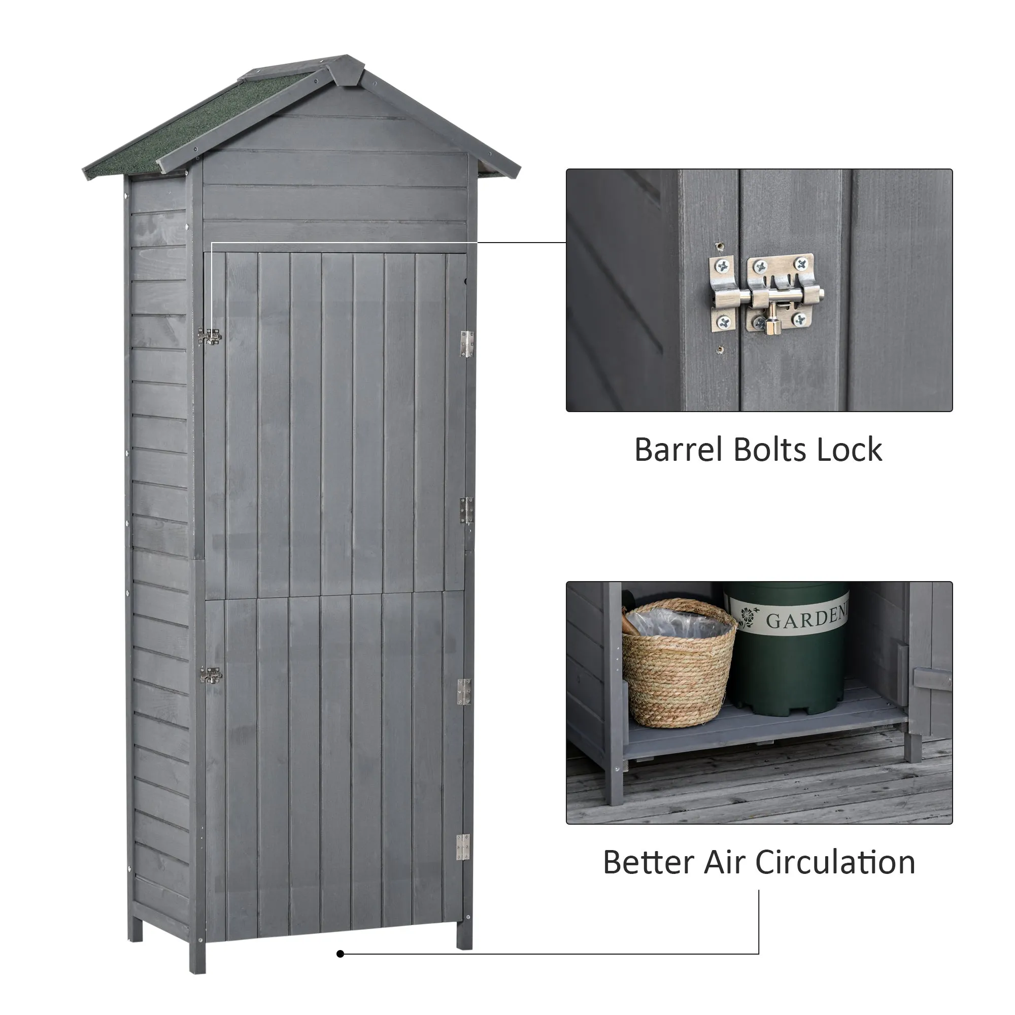 Wooden Garden Storage Shed Timber Tool Cabinet Organiser w/ Tilted-felt Roof, Shelves, Lockable Doors, 189 x 82 x 49 cm, Grey