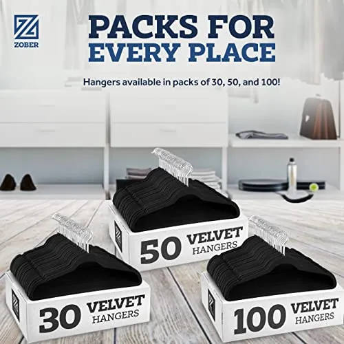 Zober Velvet Hangers 50 Pack - Heavy Duty Black Hangers for Coats, Pants & Dress Clothes - Non Slip Clothes Hanger Set - Space Saving Felt Hangers for Clothing